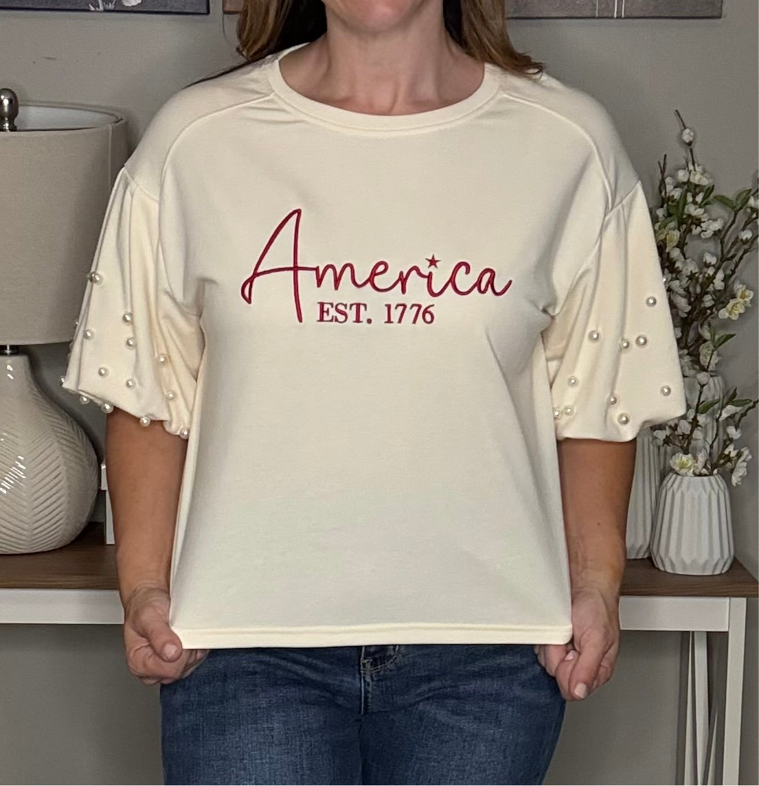 Grateful Threads Boutique America Embroidered Pearl Beaded Puff Sleeve Blouse - Blouses embroidered america pearl puff sleeve blouse