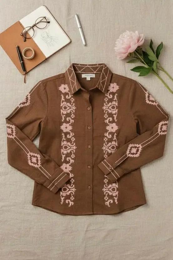 &MERCI &merci - Embroidered Button-Up Top in Mocha Brown - Blouses
