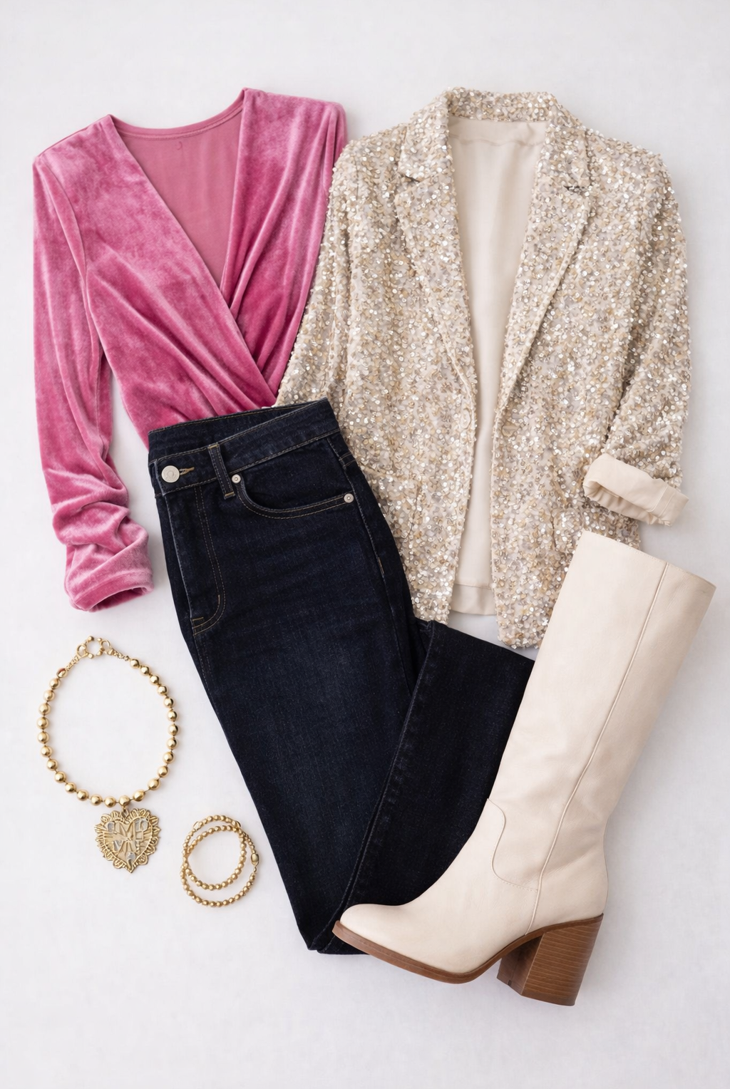 Outfit set by Grateful Threads Boutique: The Social Life—pink velvet top, sequin blazer, dark jeans, beige boots.