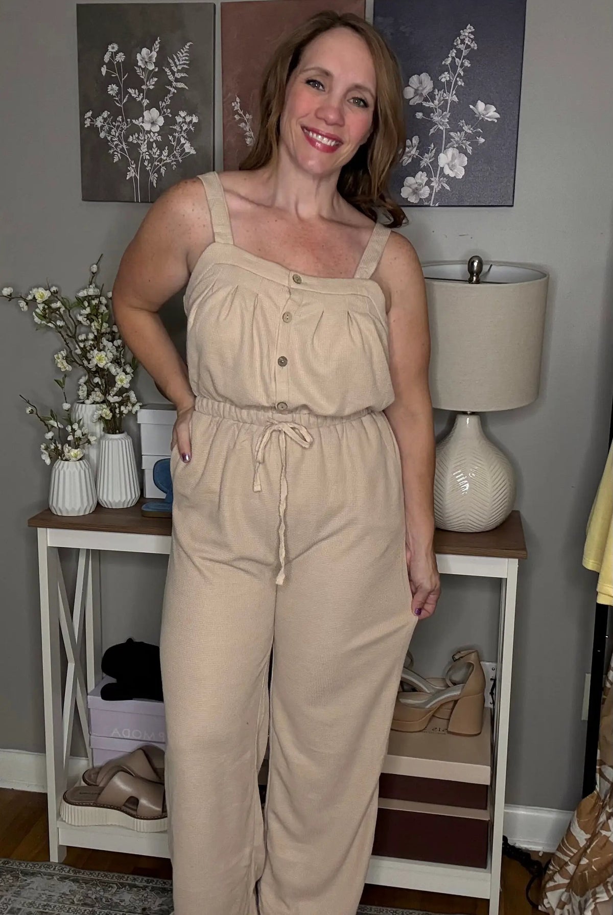 Grateful Threads Boutique Pale Khaki Knotted Strap Button Drawstring Jumpsuit – Casual Chic - One-Pieces Pale Khaki Knotted Straps Button Textured Drawstring Jumpsuit