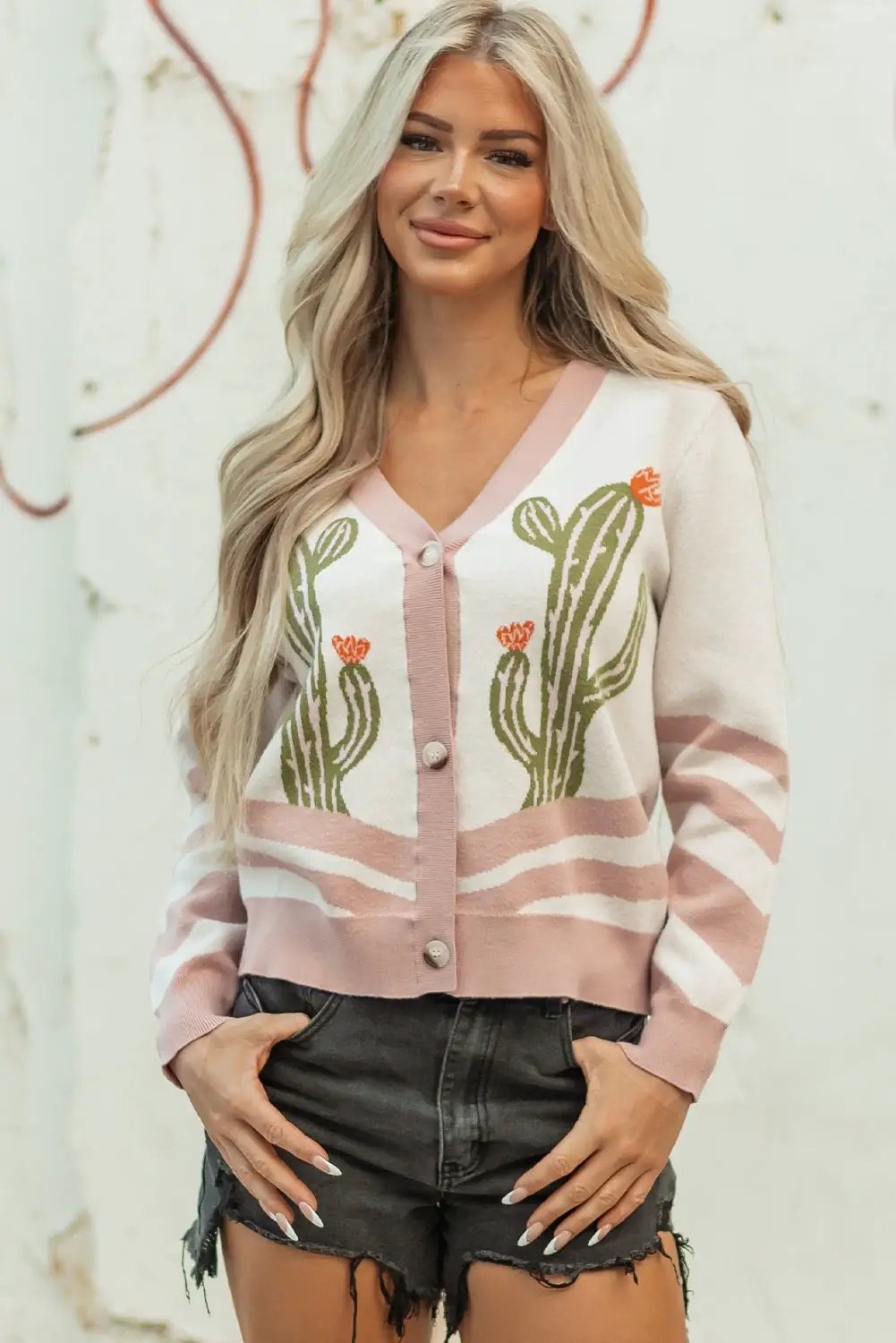 Grateful Threads Boutique Apricot Desert Cactus Buttoned Front Sweater Cardigan - Cardigans Apricot Desert Cactus Buttoned Front Sweater Cardigan