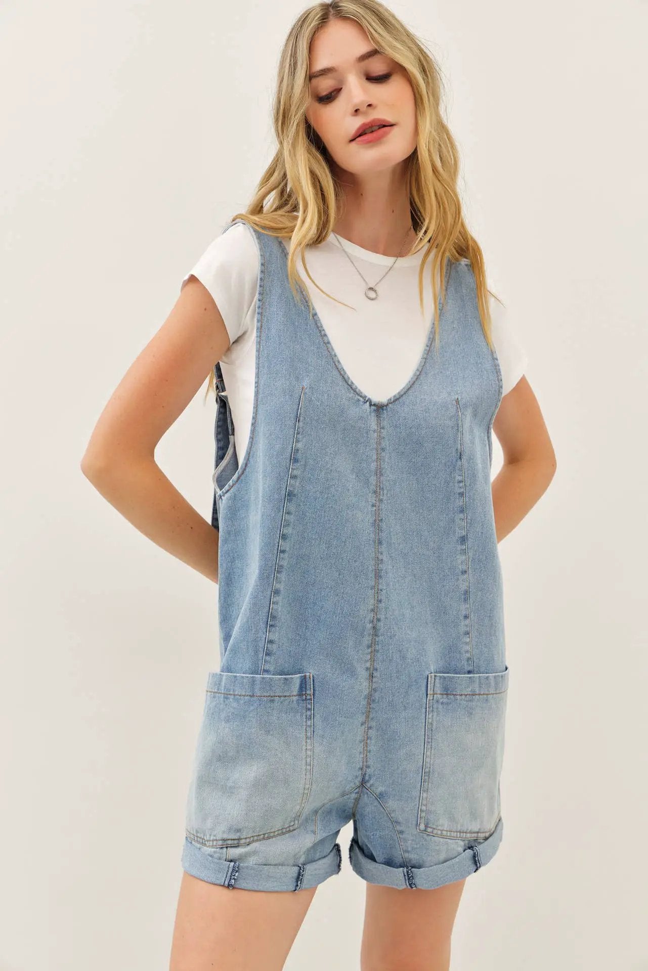 idem ditto RELAXED FIT WASHED DENIM ROMPER WITH FRONT POCKETS - One-Pieces