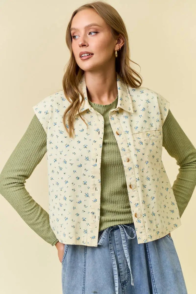 Doe and Rae The Ditsy Floral Button Front Cotton Twill Vest - Vests