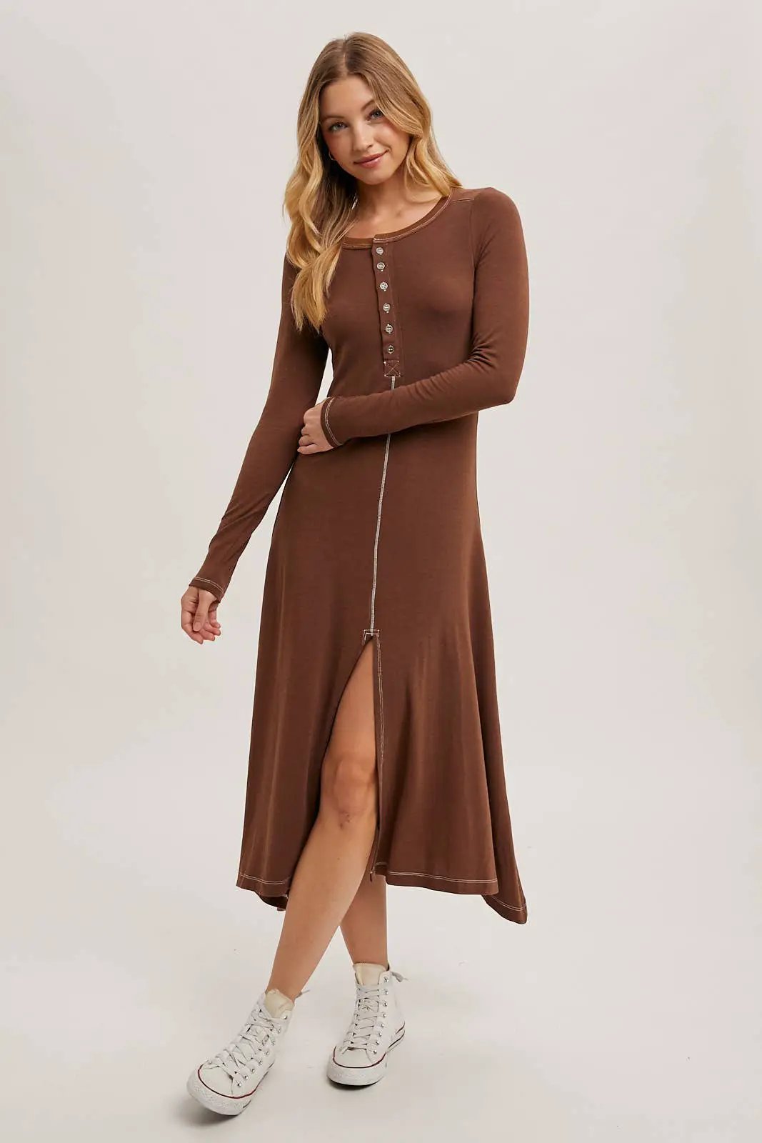 Bluivy The Cocoa Button-Front Slit Midi Dress - Dresses