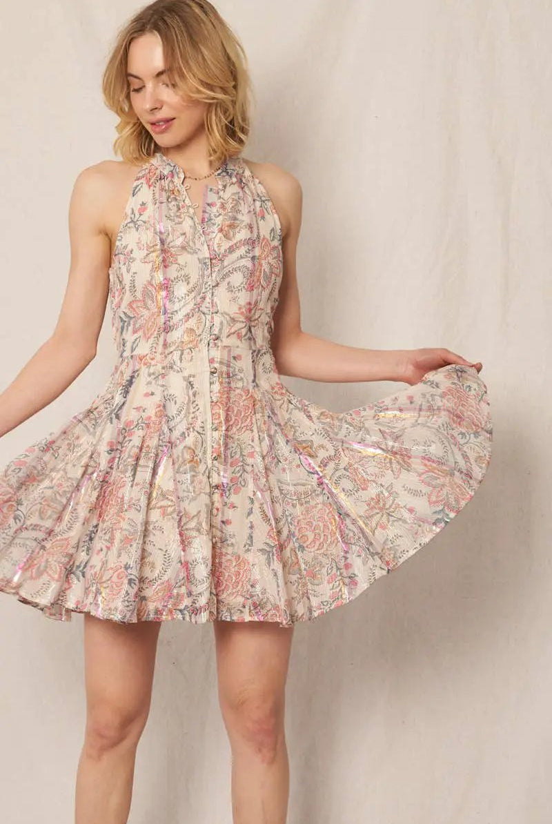 En Crème En Crème Ivory Pink Metallic & Blue Sleeveless Pleated Dress with Button Detail - Dresses sleeveless pleated dress