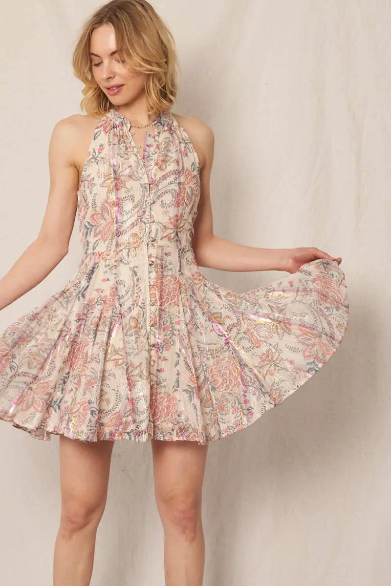 En Crème En Crème Ivory Pink Metallic & Blue Sleeveless Pleated Dress with Button Detail - Dresses sleeveless pleated dress