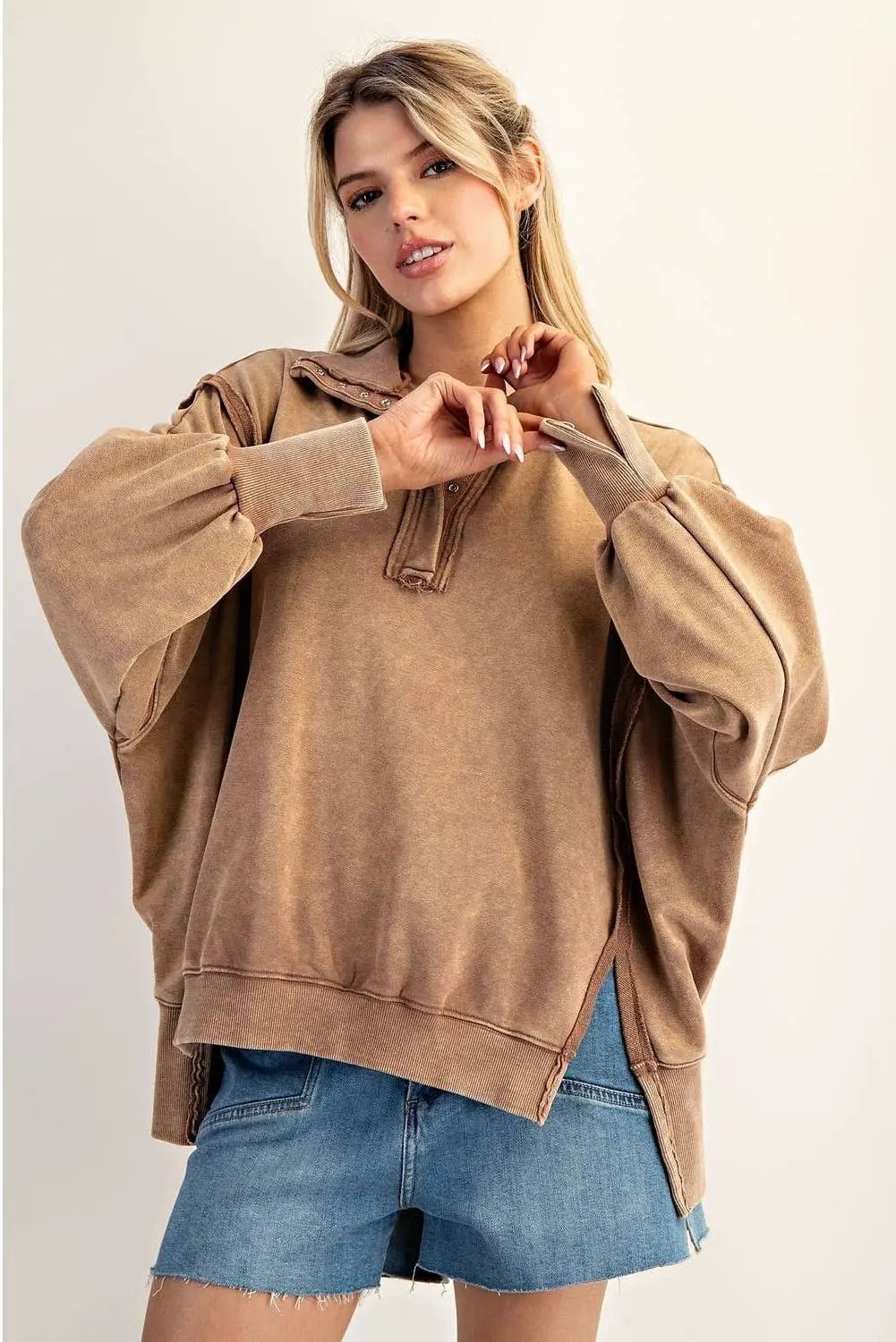 STYLE USA The Slow Burn Mocha Snap Collar Pullover - Sweatshirts