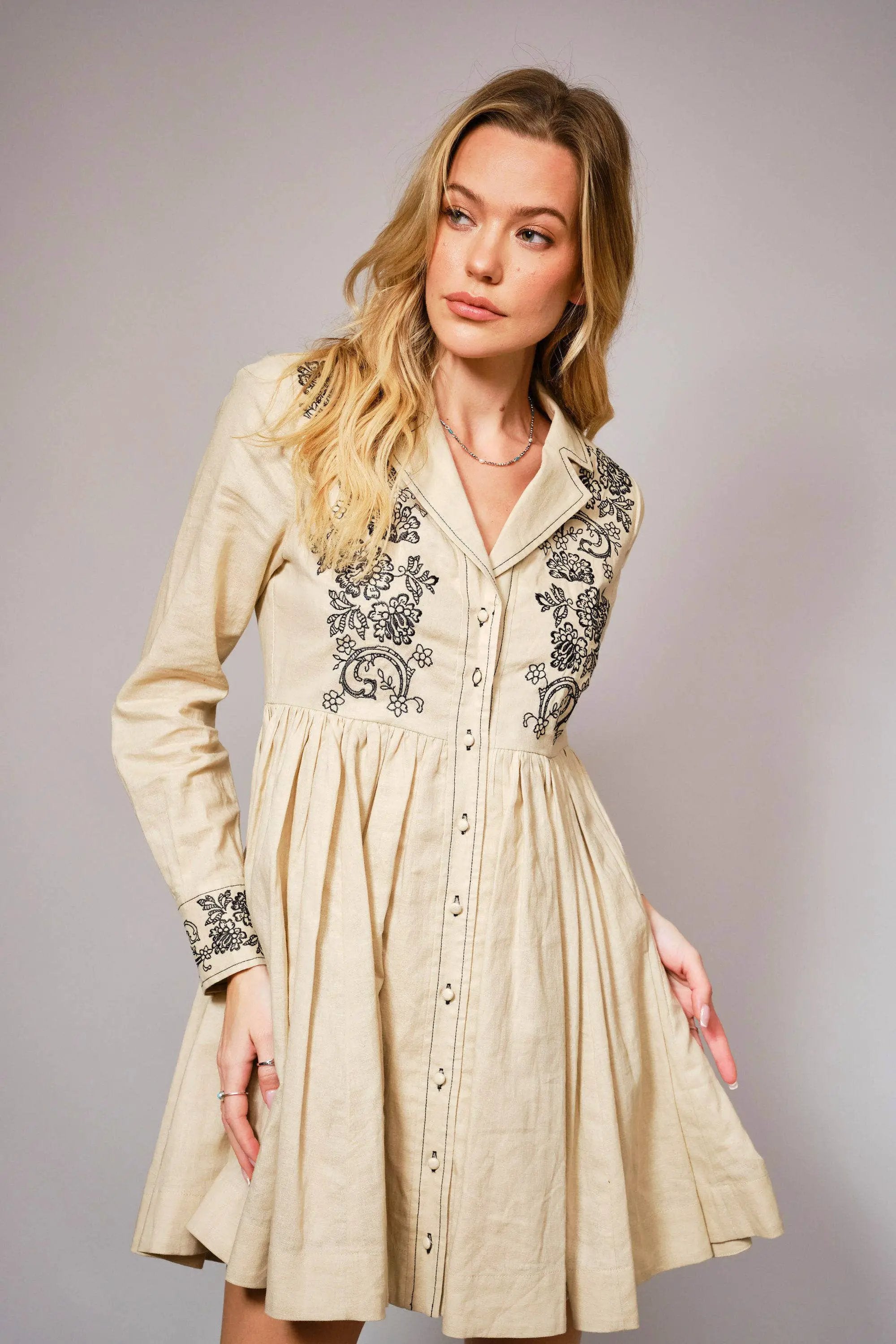 Blue B The Heirloom Bloom Linen Embroidered Flare Dress - Dresses dress