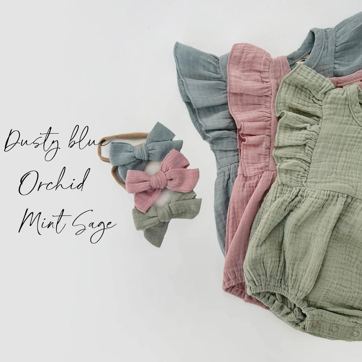 OLIVE & CRADLE The Sweet Pea Ruffle Bubble Romper + Bow Set - Baby One-Pieces