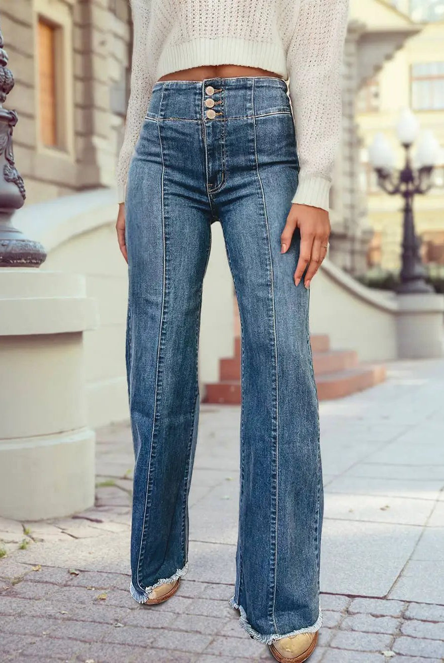 1 the Woman High Waist Button Fly Seamed Raw Hem Flare Jeans - Jeans