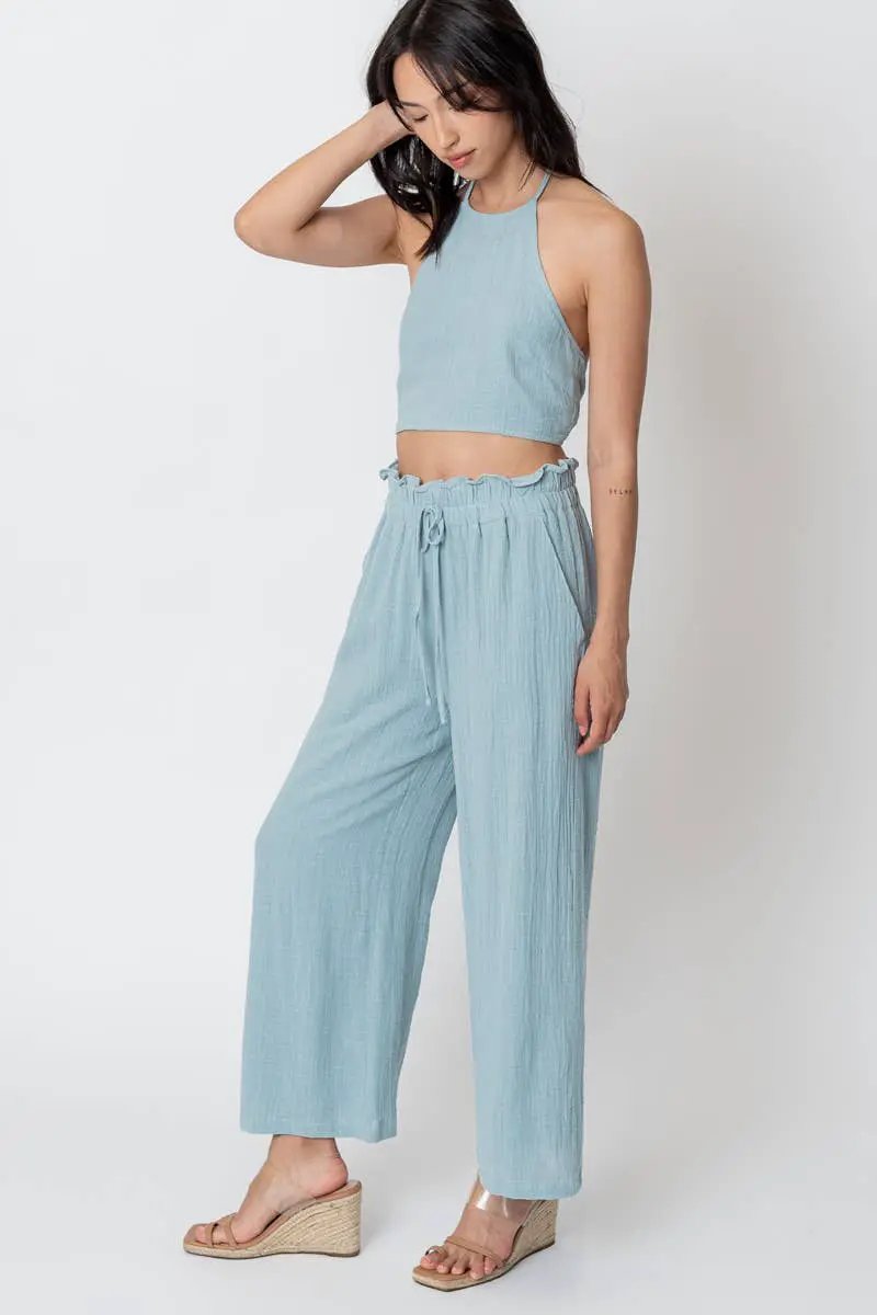 En Crème En Crème Light Blue Cropped Halter Top and Pants Set - Outfit Sets cropped halter top and pants set