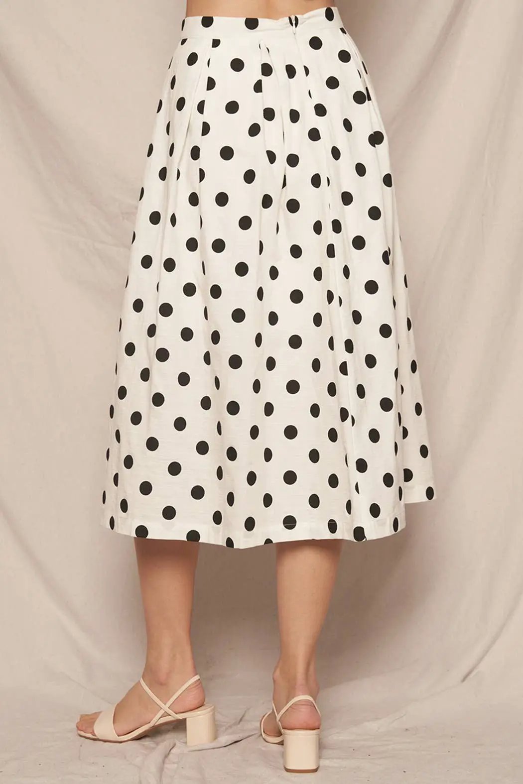 En Crème En Crème White Pleated A-Line Midi Skirt with Black Polka Dots - Skirts