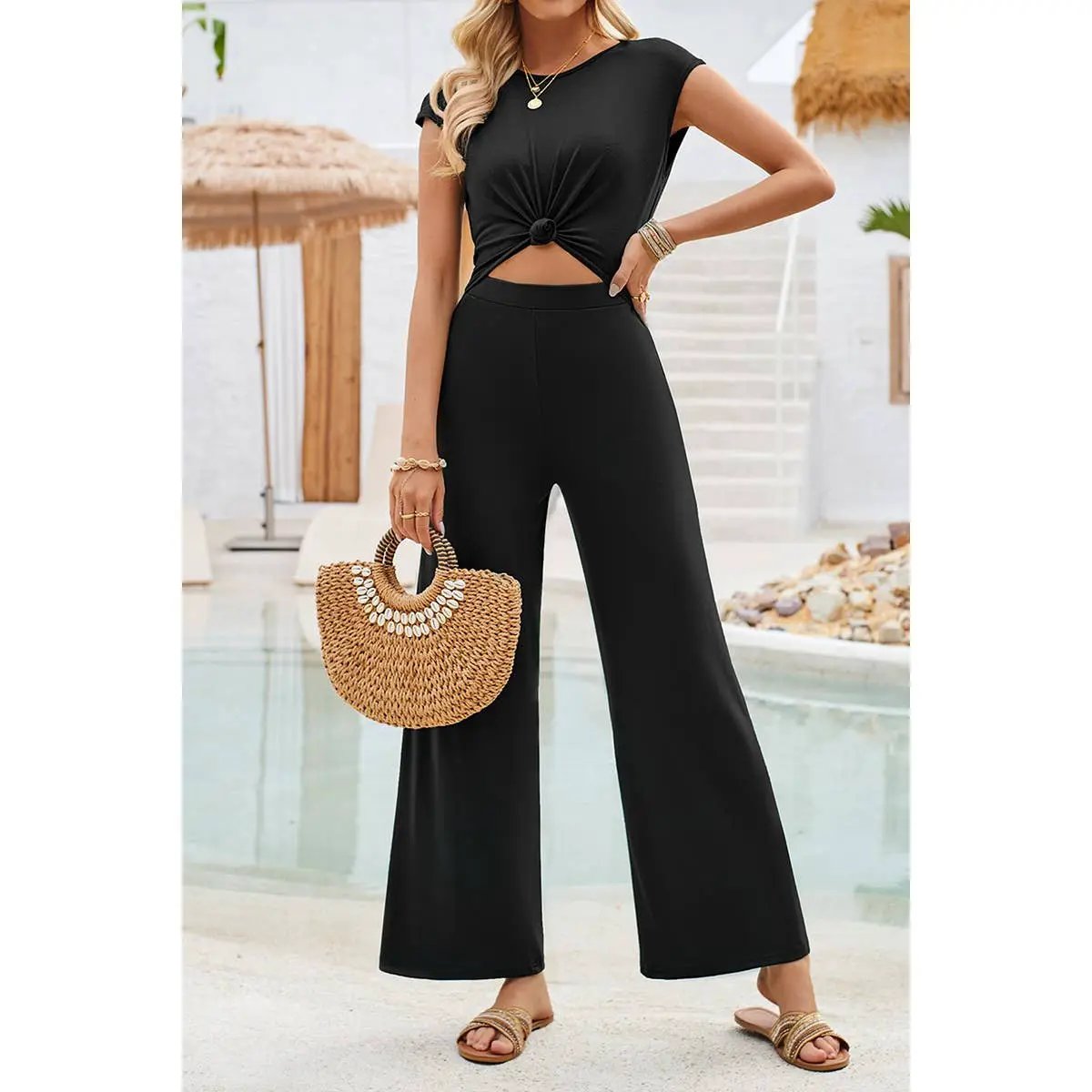 Supreme Fashion Open Back Knot Cut Out Elastic Solid Jumpsuit - One-Pieces Open Back Knot Cut Out Elastic Solid Jumpsuit