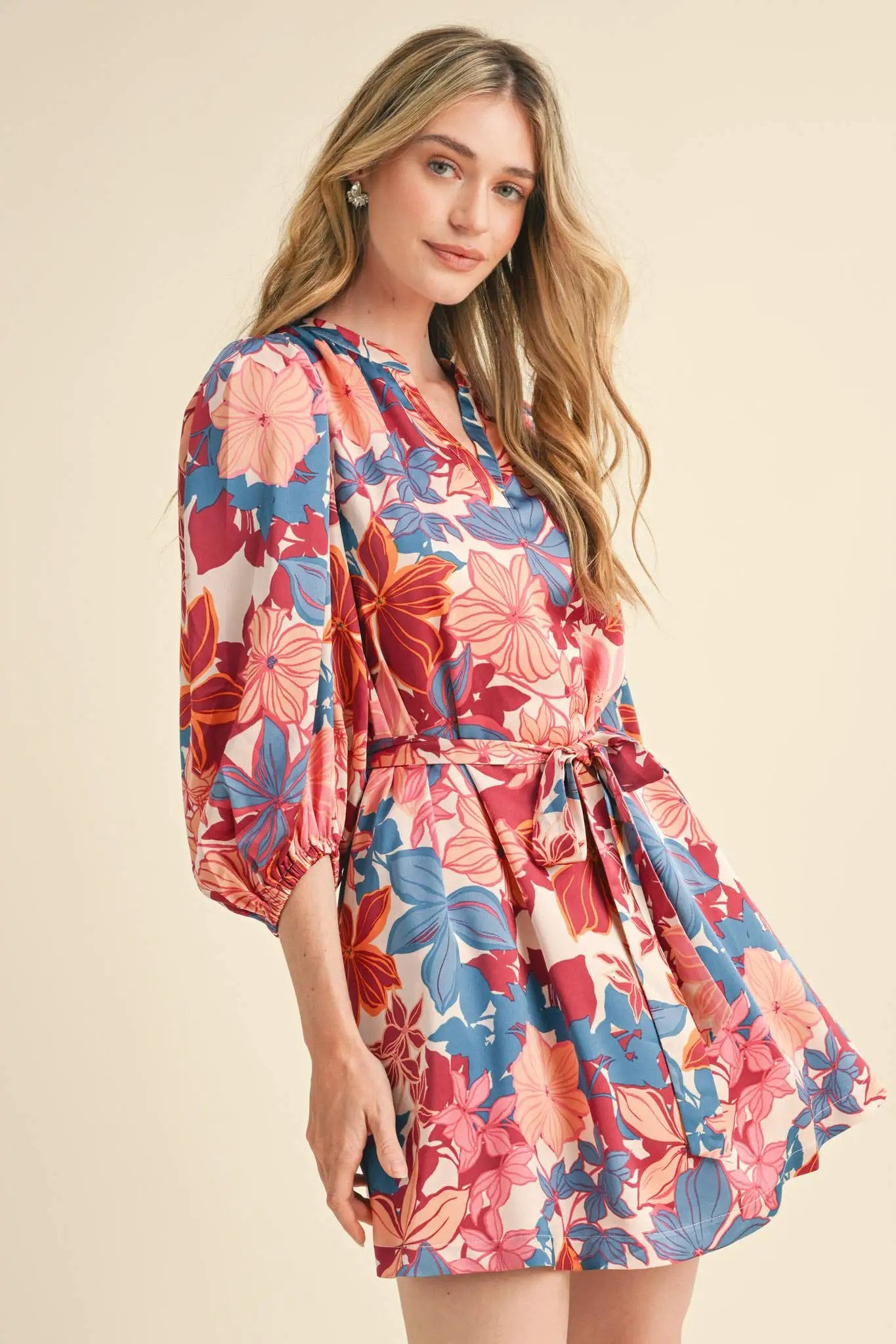 &MERCI Exclusive Blush Multi Floral Puff Sleeve Tie-Waist Mini Dress - Dresses
