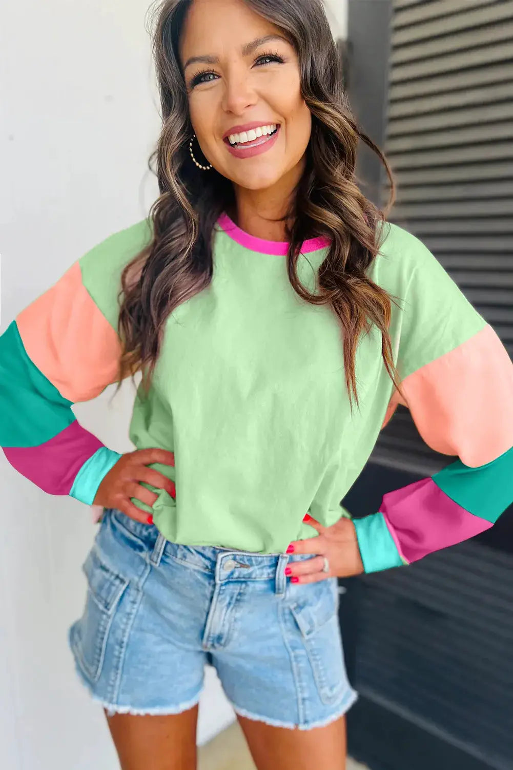Grateful Threads Boutique Green Colorblock Patchwork Long Sleeve Loose Top - Shirts Green Colorblock Patchwork Long Sleeve Loose Top