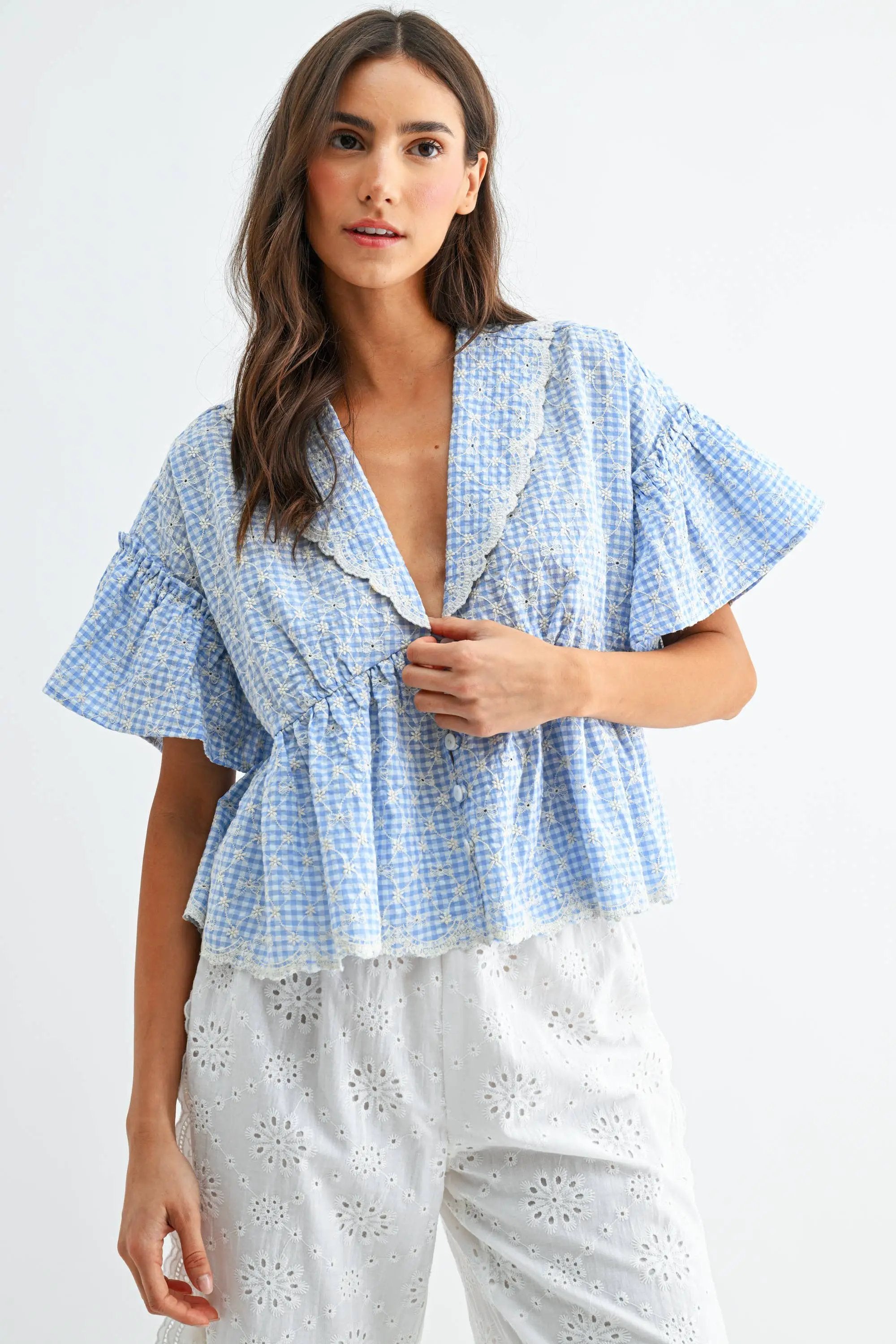 Camellia The Blue Gingham Embroidered Peplum Blouse - Blouses