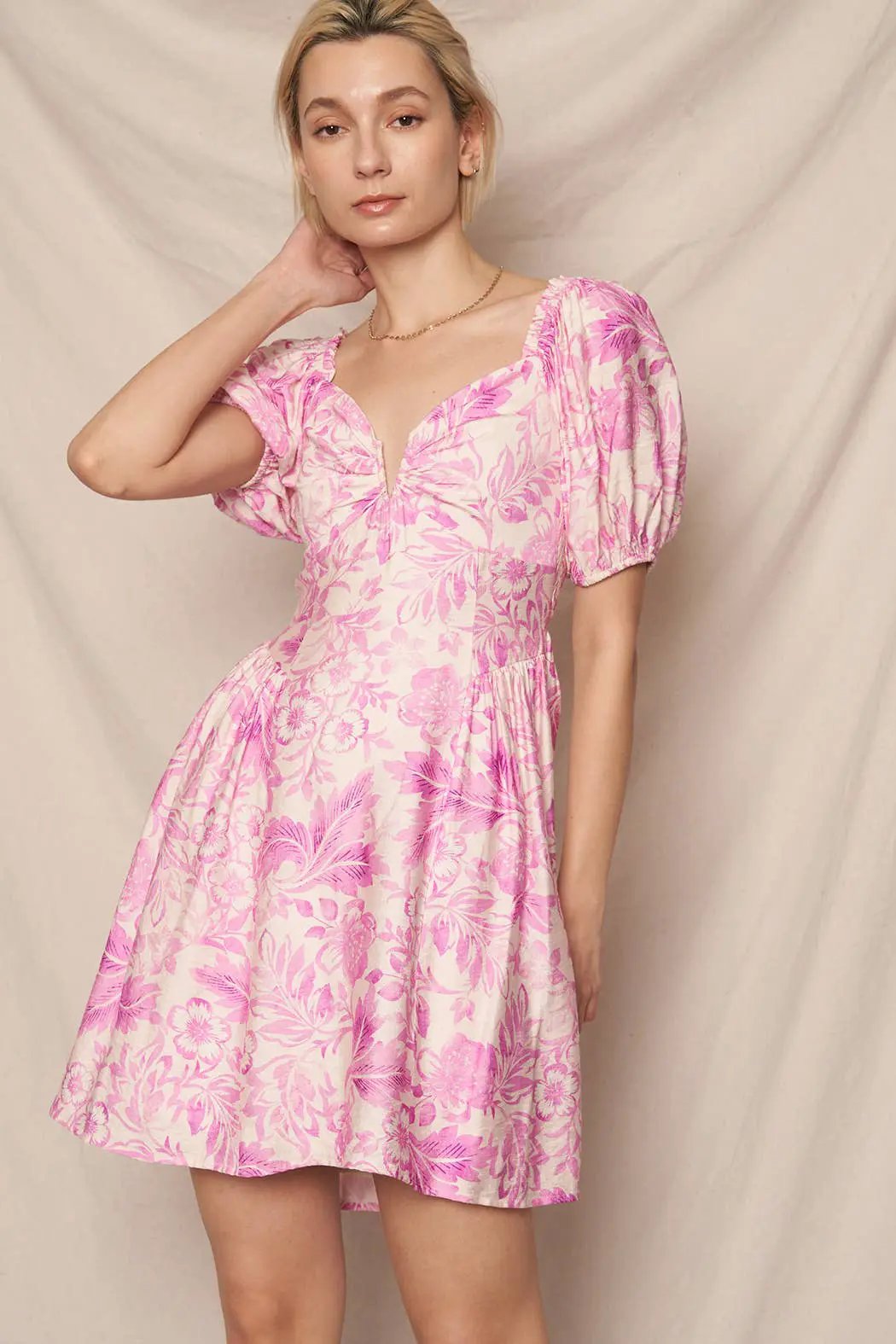 En Crème En Crème Puff Sleeve Tropical Print Mini Dress - Dresses