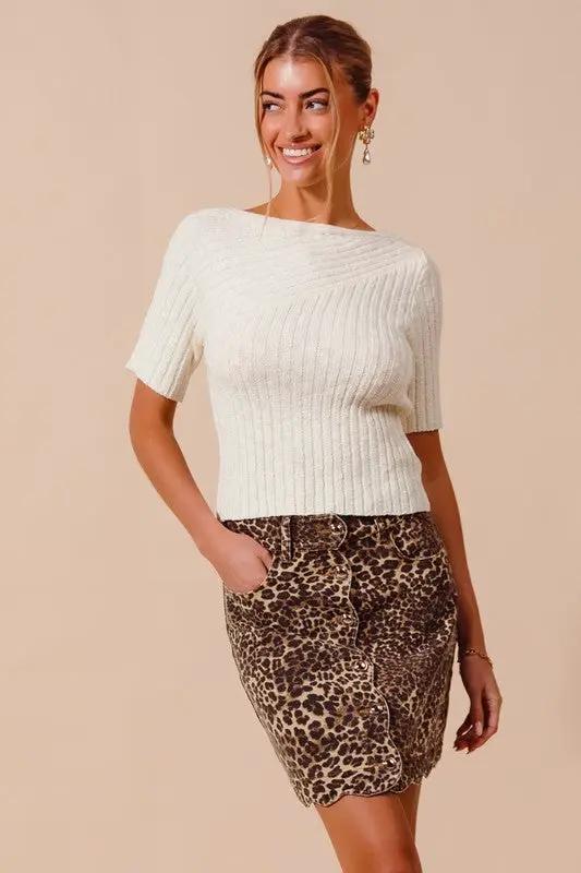 So Me Bias Knitted Boat Neck Fitted Rib Neck Ivory Sweater Top - Sweaters knitted boat neck sweater top