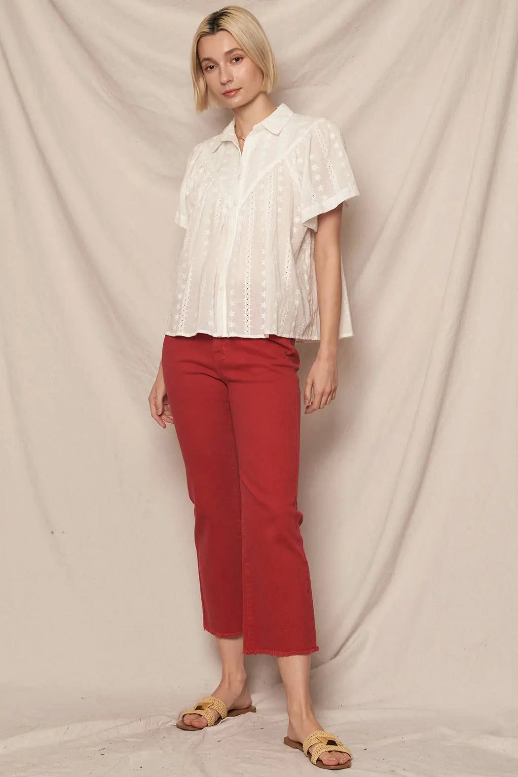 En Crème En Crème White Short Sleeve Lace Button Down Shirt - Shirts white short sleeve lace button down shirt
