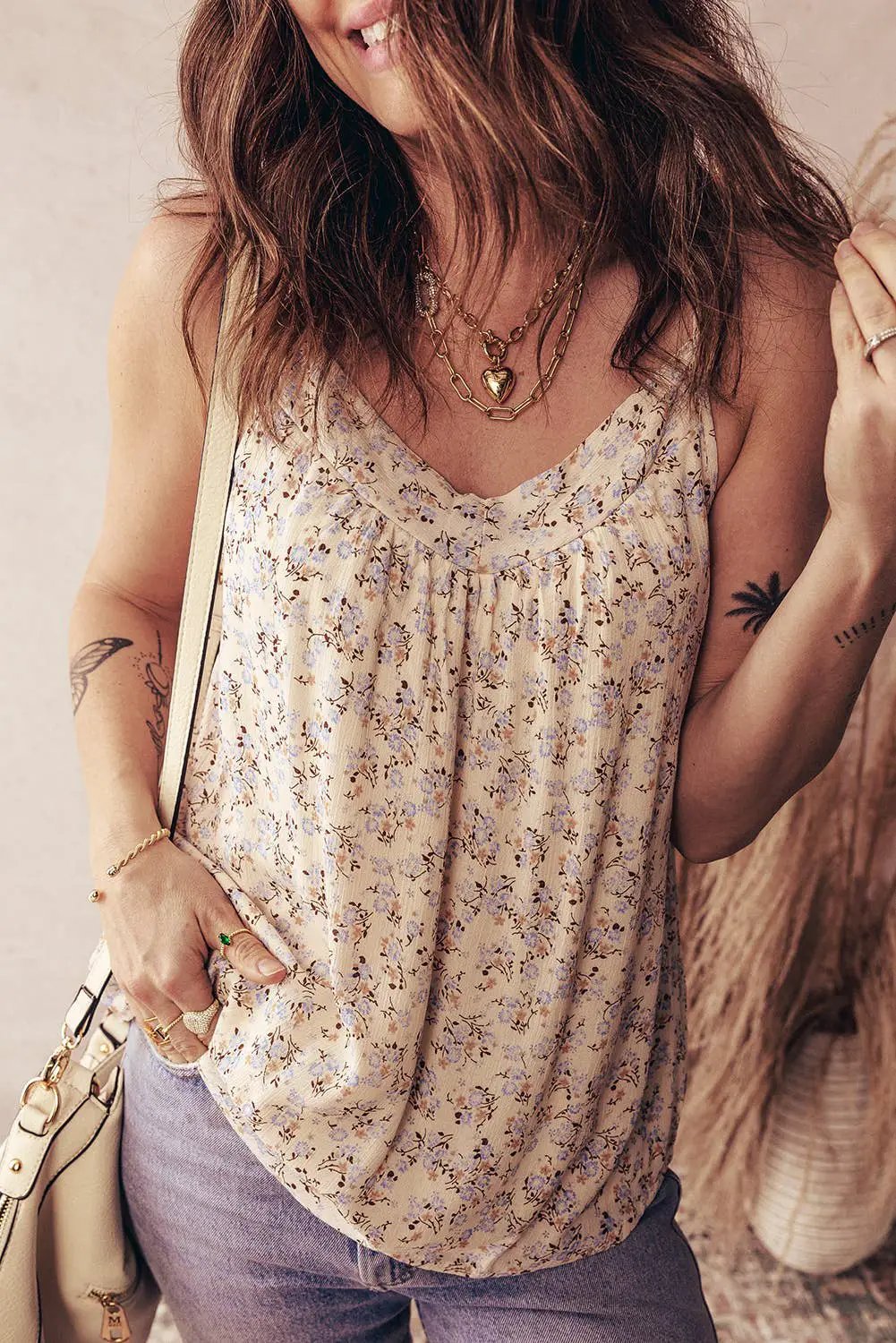 1 the Woman Apricot Boho Floral Spaghetti Straps Tank Top - Tank Tops
