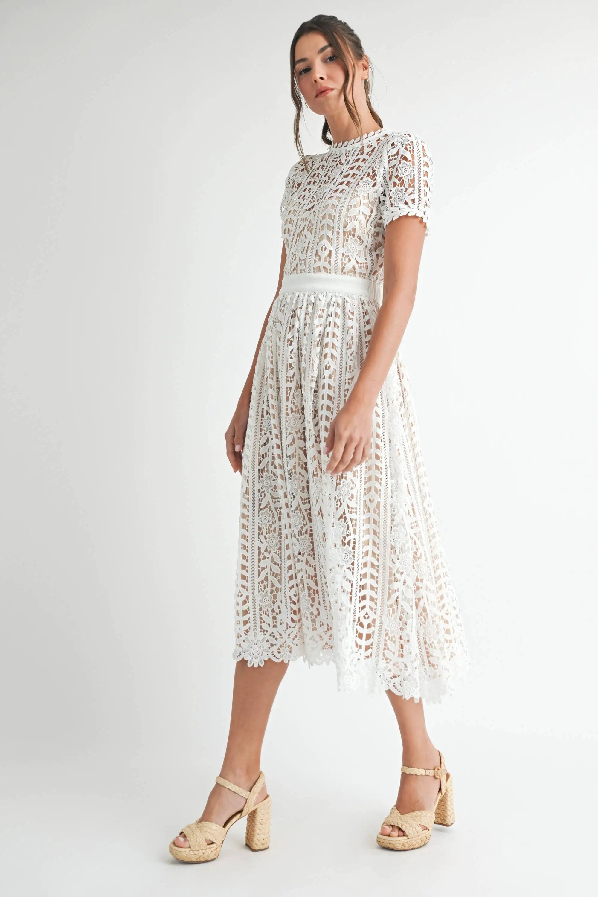 Endless Blu Endless Blu Short Sleeve White Lace Midi Dress - Dresses