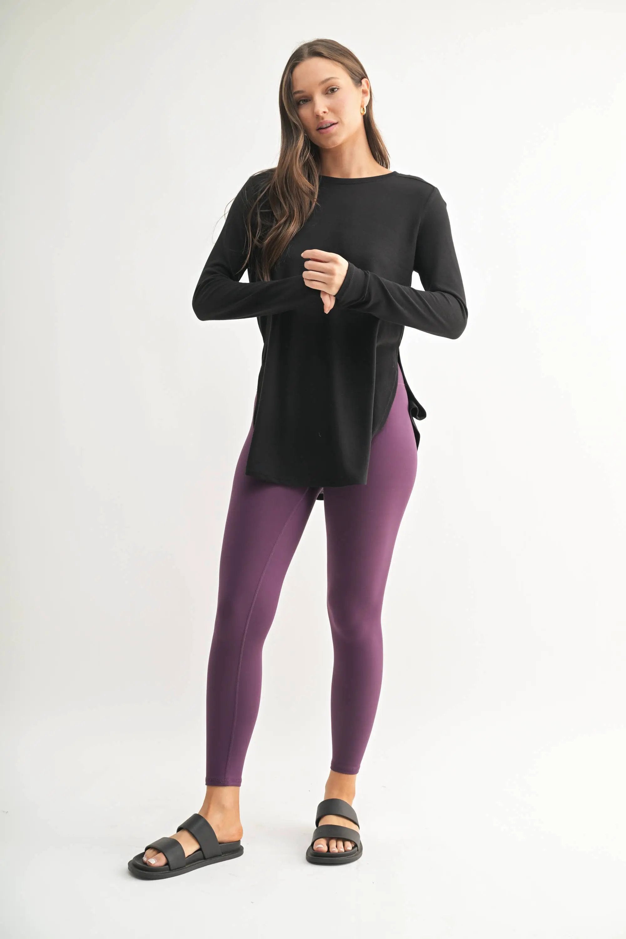 Mono B Mono B - Long Sleeve Flow Top with Side Slit - Tunics Mono B - Long Sleeve Flow Top with Side Slit
