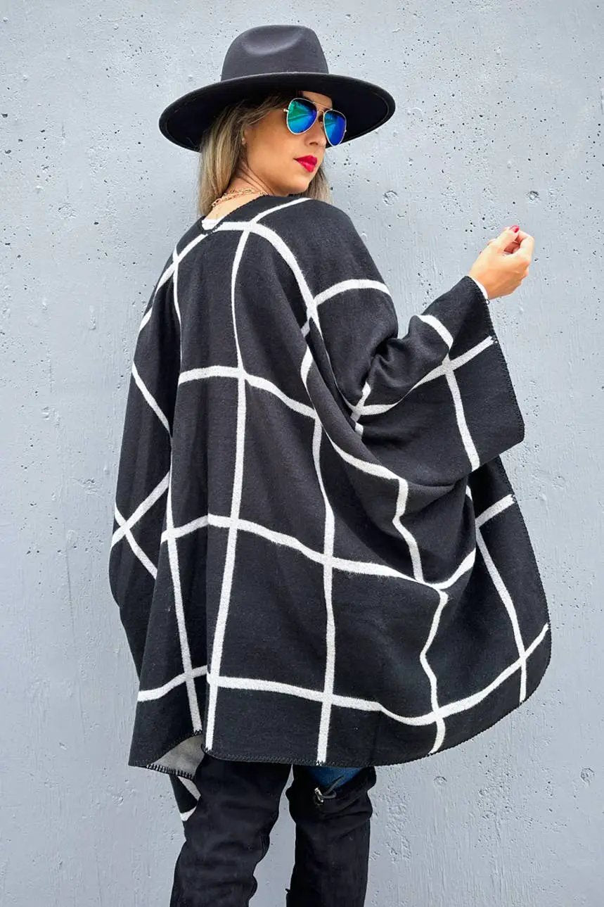 AMOLI AMOLI - Black Grey Dual-Tone Check Printed Cozy Reversible Ruana - Cardigans