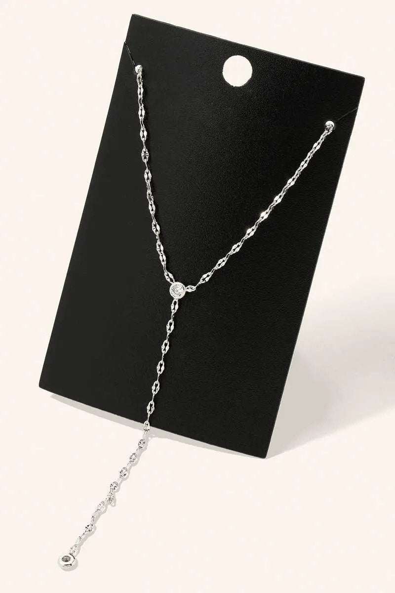 Fame Accessories The Dainty Silver Chain Link Y Necklace with Stone Accent - Necklaces