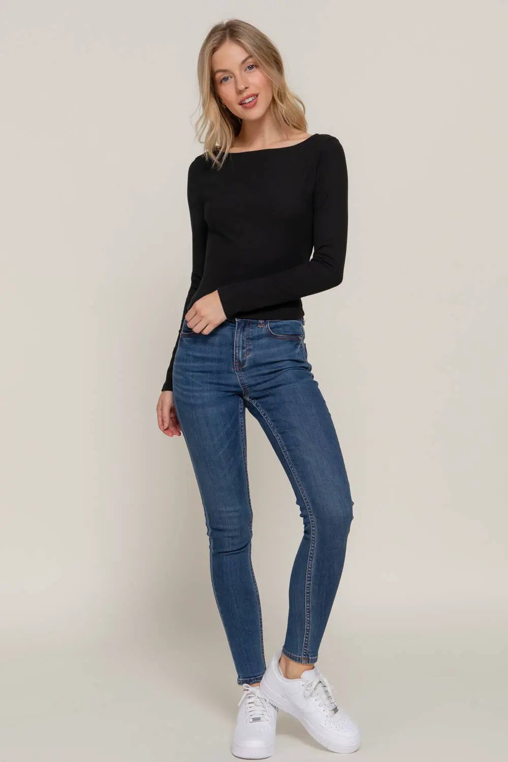 Active Basic | Active USA Active Basic | Active USA - Long Sleeve Boat Neck Brushed Rib Knit Top in Charcoal - Clothing Tops
