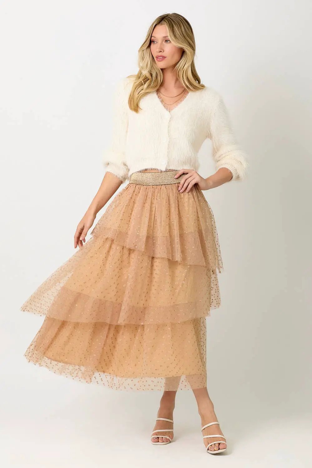 Mystree Mystree Peach/Gold Asymmetrical Tiered Ruffle Tulle Skirt - Skirts