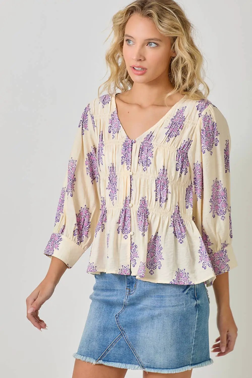 Mystree The Lavender Fields Puff Sleeve Smocked Blouse - Blouses