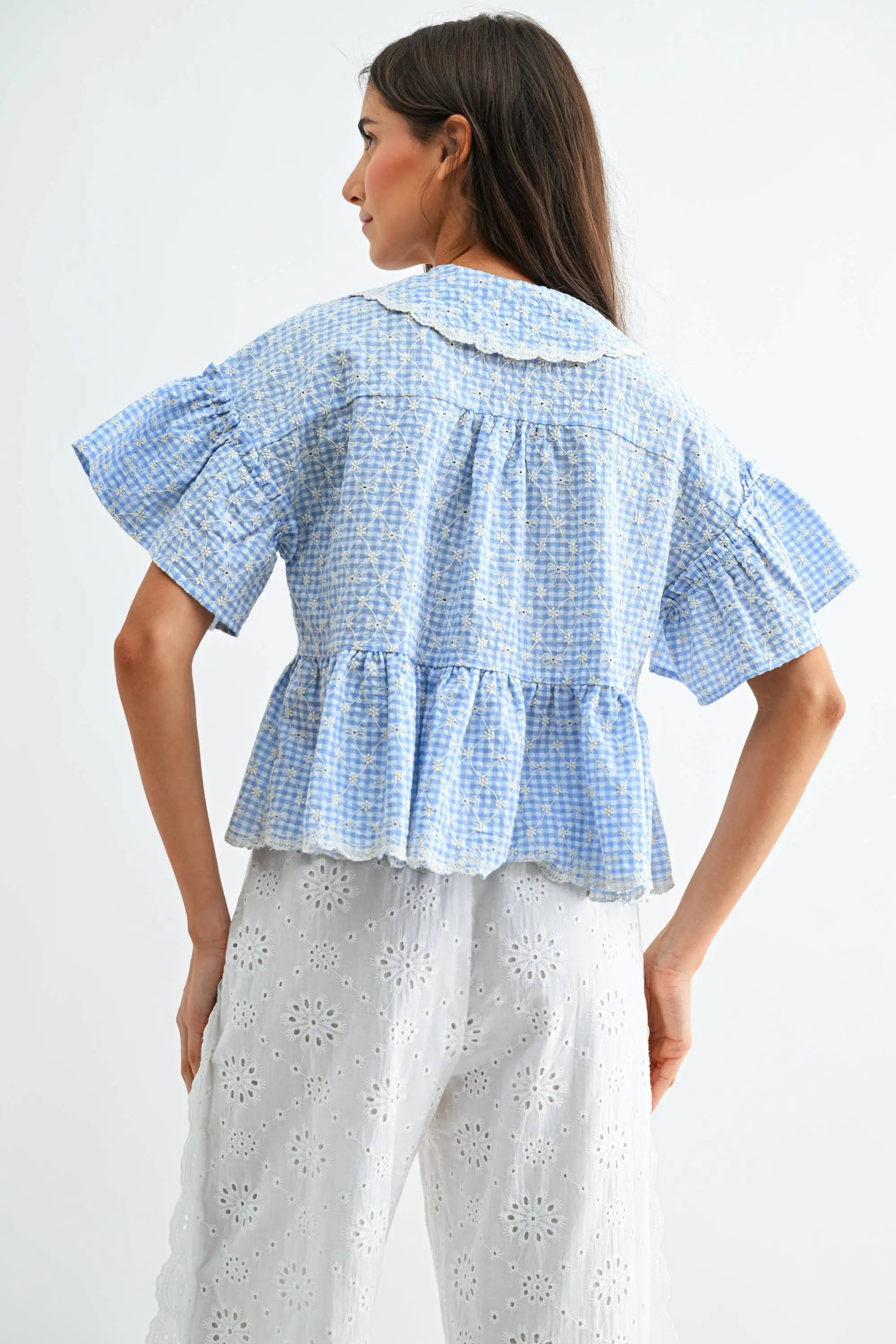 Camellia The Blue Gingham Embroidered Peplum Blouse - Blouses