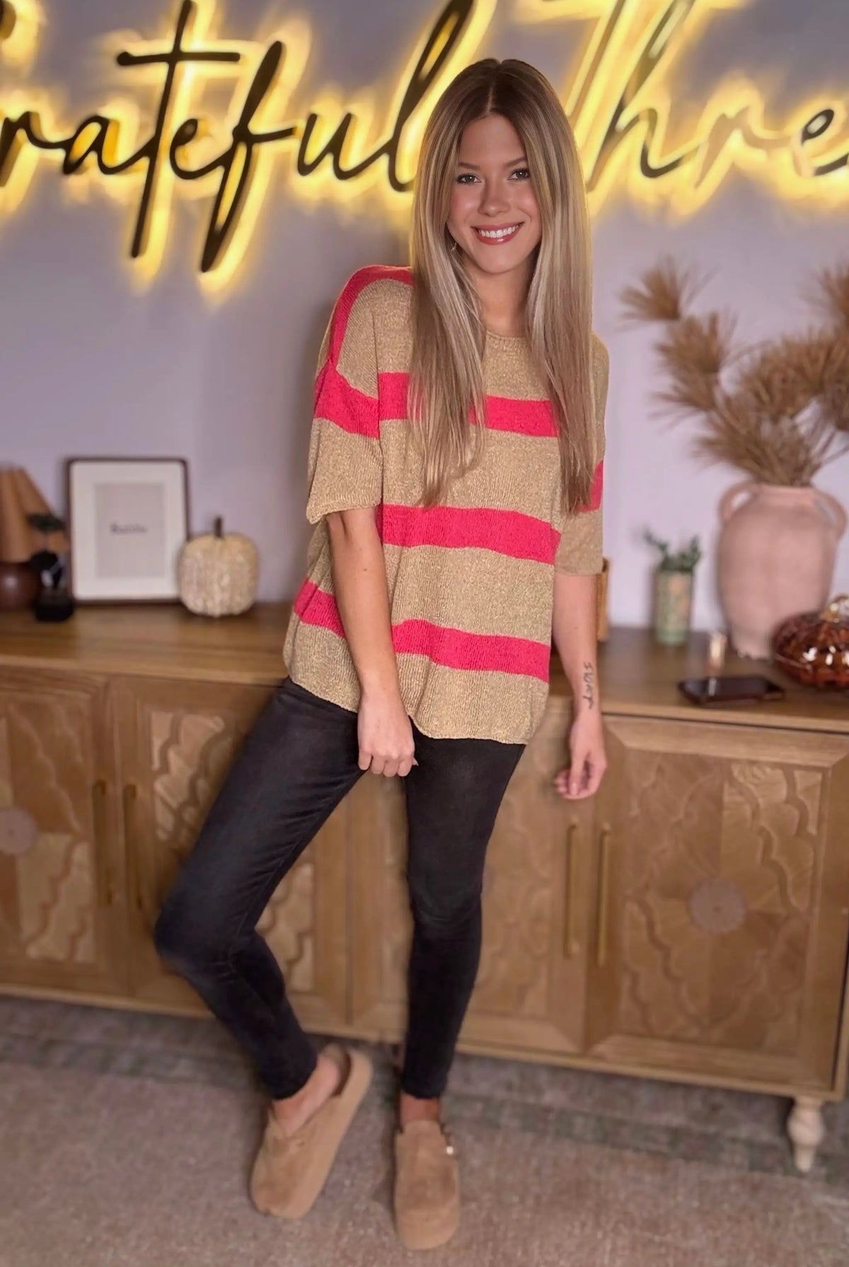Grateful Threads Boutique Pink Stripe Colorblock Short Sleeve Crew Neck Lightweight Sweater - Sweaters Pink Stripe Colorblock Short Sleeve Crew Neck Lightweight Sweater