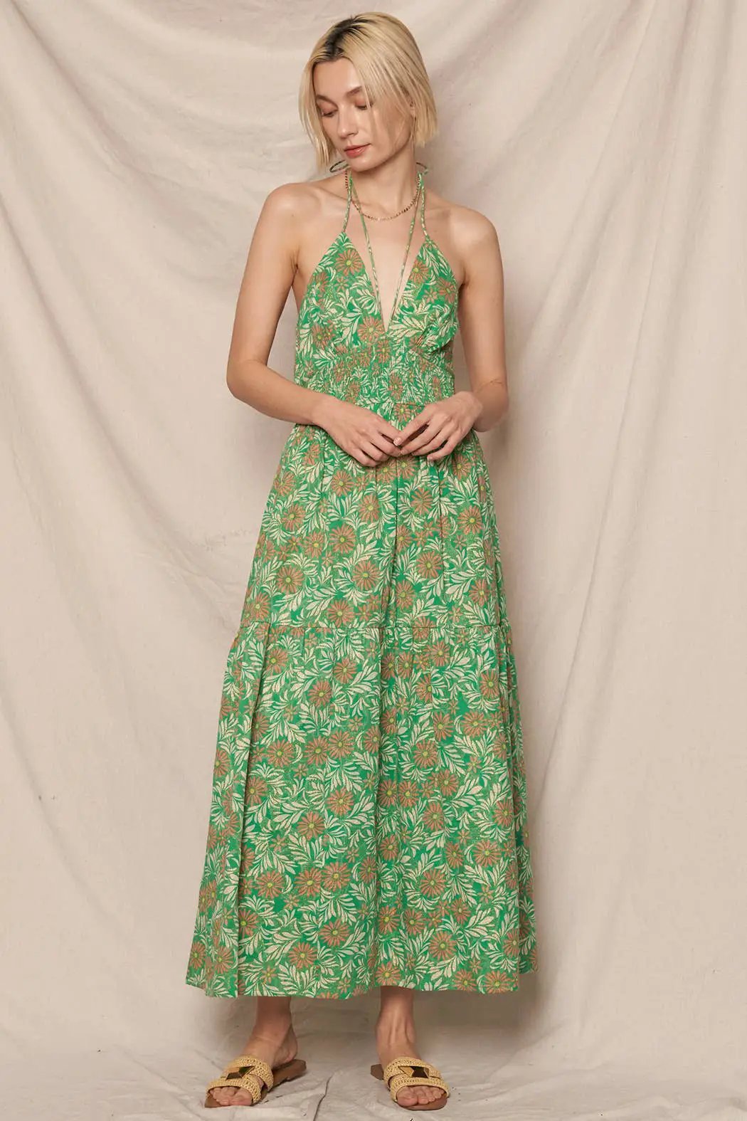 En Crème En Crème Green Floral Print Strappy Halter Neck Midi Dress with Lurex - Dresses floral print strappy dress