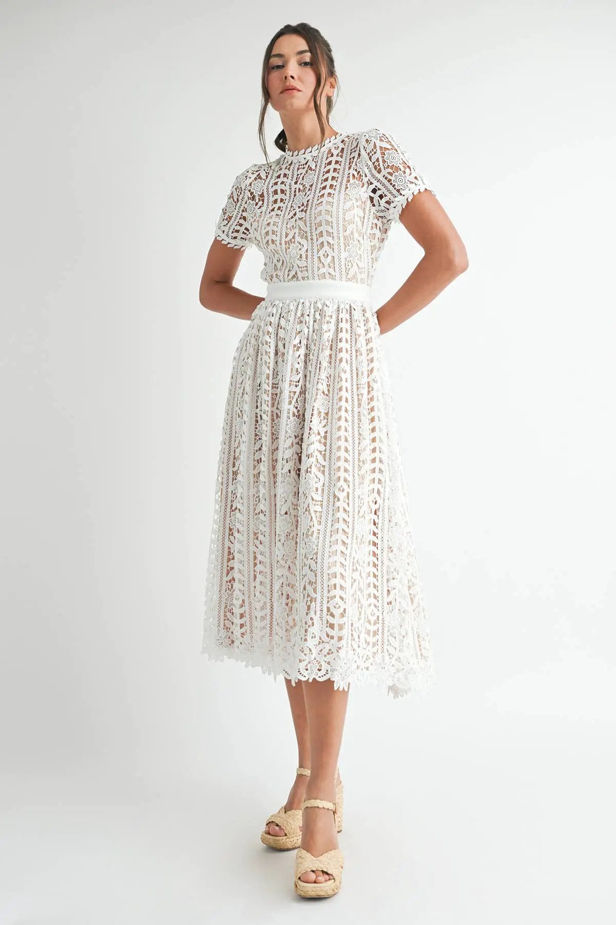 Endless Blu Endless Blu Short Sleeve White Lace Midi Dress - Dresses
