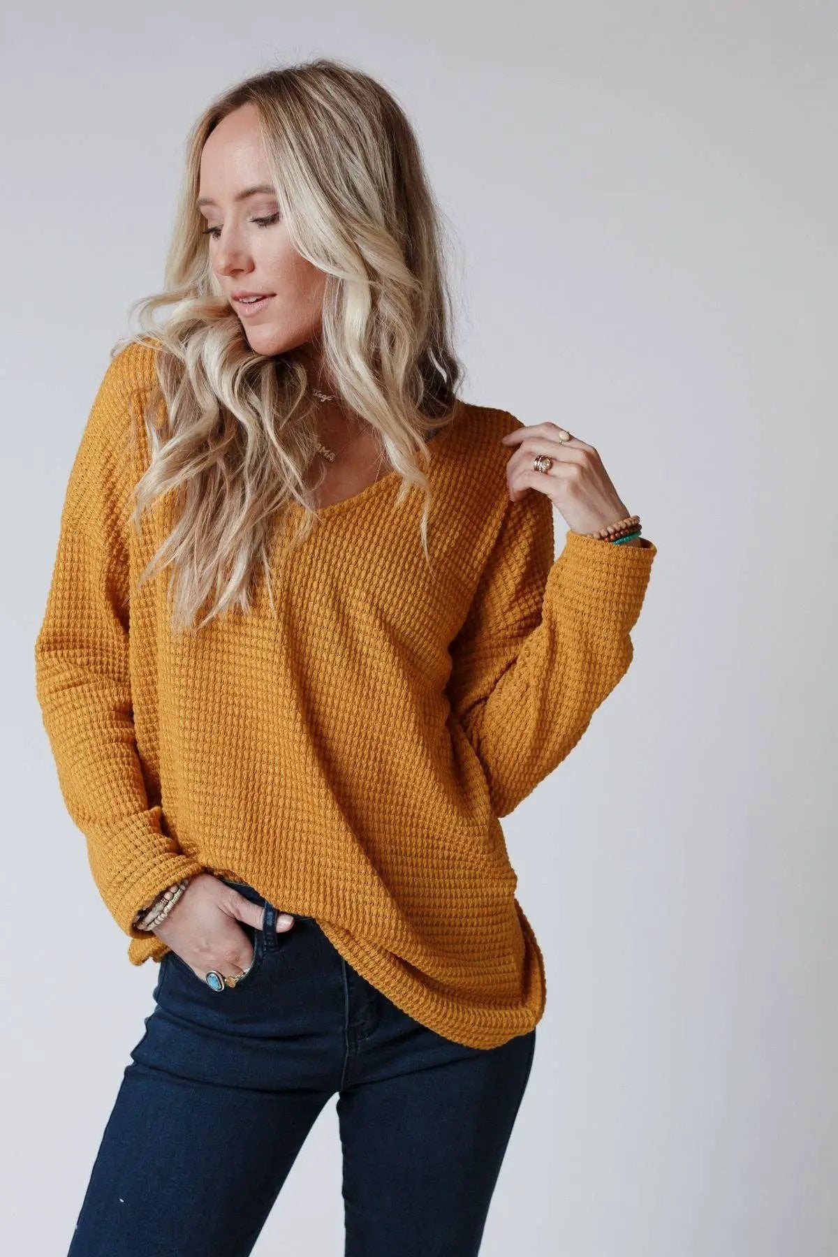 Three Bird Nest Three Bird Nest - Flattering Open Back Fall Thermal Knit Top in Mustard - Sweaters Three Bird Nest - Flattering Open Back Fall Thermal Knit Top in Mustard