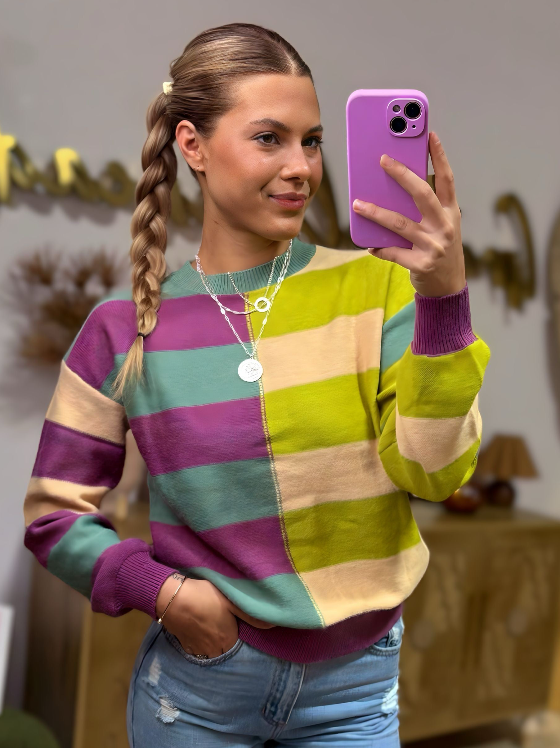 Grateful Threads Boutique Green Stripe Drop Shoulder Ribbed Edge Casual Sweater - Sweaters Green Stripe Drop Shoulder Ribbed Edge Casual Sweater