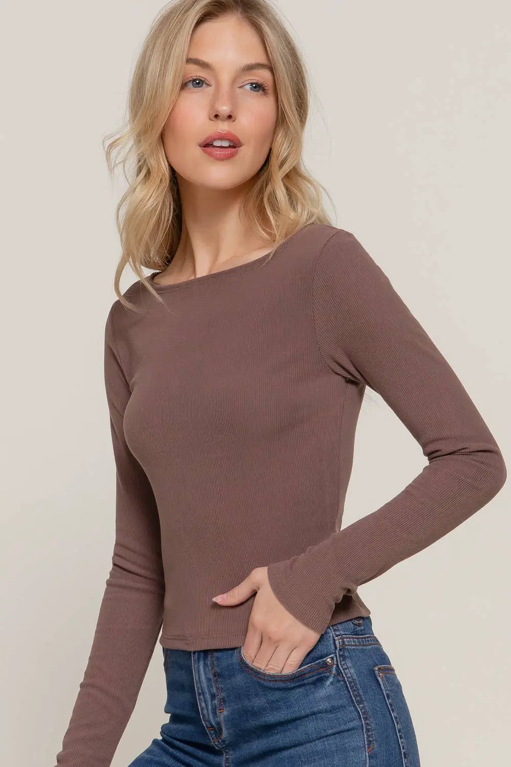 Active Basic | Active USA Active Basic | Active USA - Long Sleeve Boat Neck Brushed Rib Knit Top in Charcoal - Clothing Tops