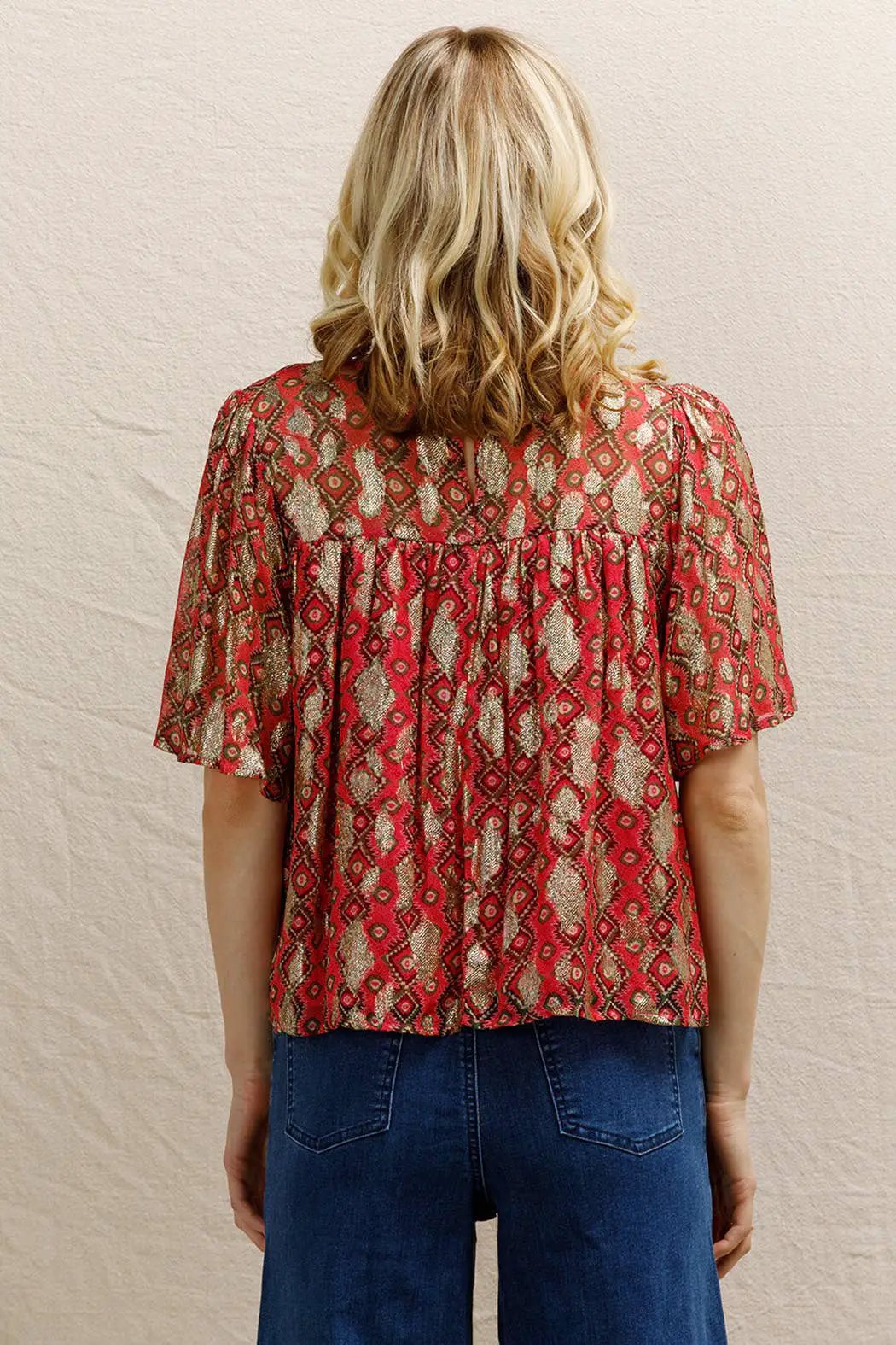 En Crème En Crème Pink Multi Short Sleeve Lurex Spotted Blouse - Blouses