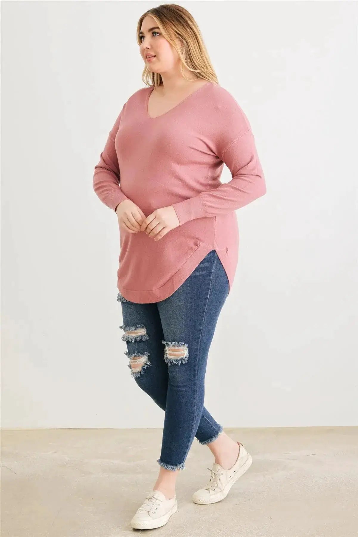 Zenobia Plus Size Lace-Up Back Curved Hem Basic Knit Top - Clothing Tops Plus size Lace-up back knit top