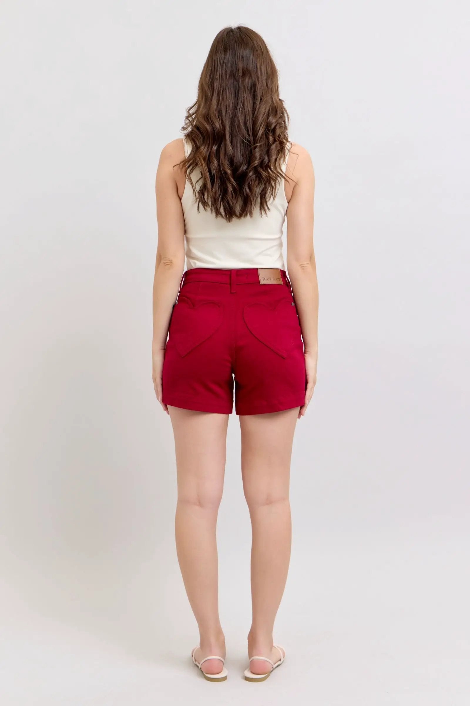 Judy Blue The Heart Pocket Scarlet Red Tummy Control Shorts - Shorts Judy Blue High Waisted Tummy Control Garment Dyed Heart Shaped Pocket Scarlet Trouser Shorts