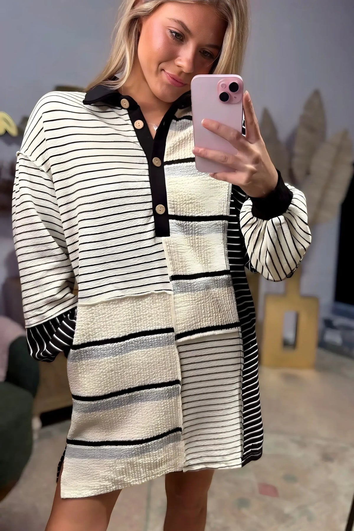 Grateful Threads Boutique City Stripe Collared Henley Dress - Dresses Black Stripe Colorblock Knit Henley Collar Shift Long Sleeve Mini Dress