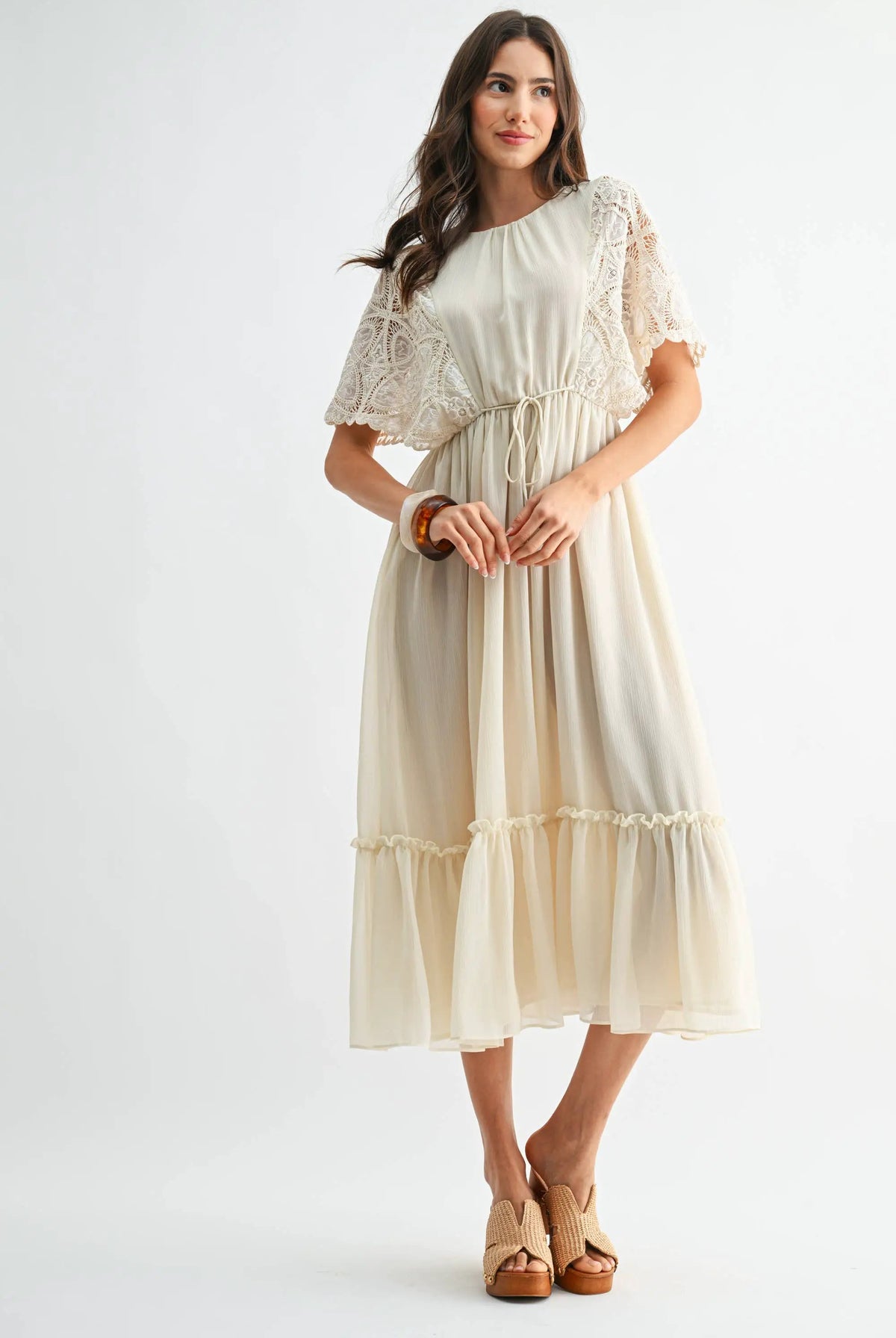 Camellia The Crochet Lace Short Sleeve Midi Dress: CREAM - Dresses
