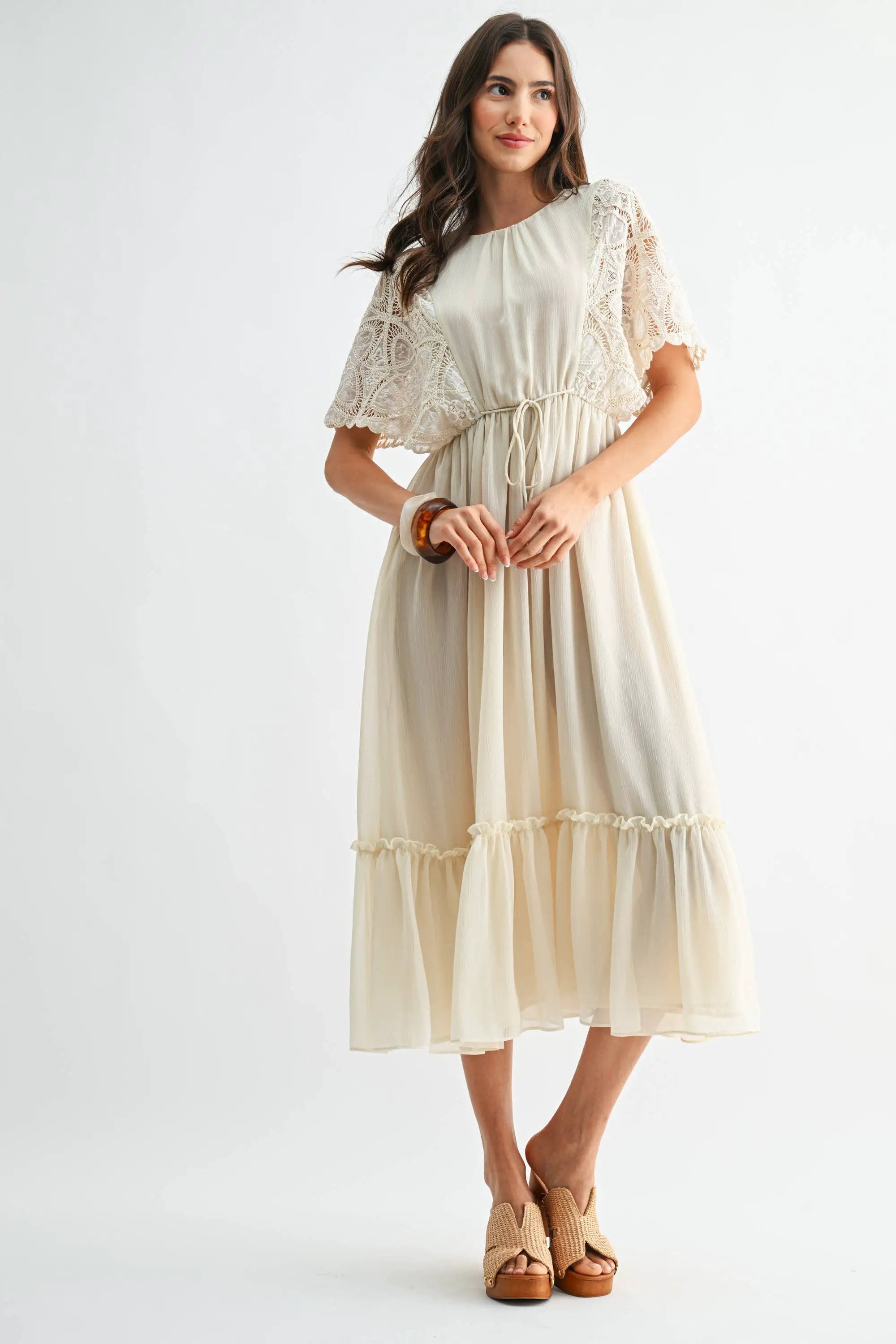 Camellia The Crochet Lace Short Sleeve Midi Dress: CREAM - Dresses