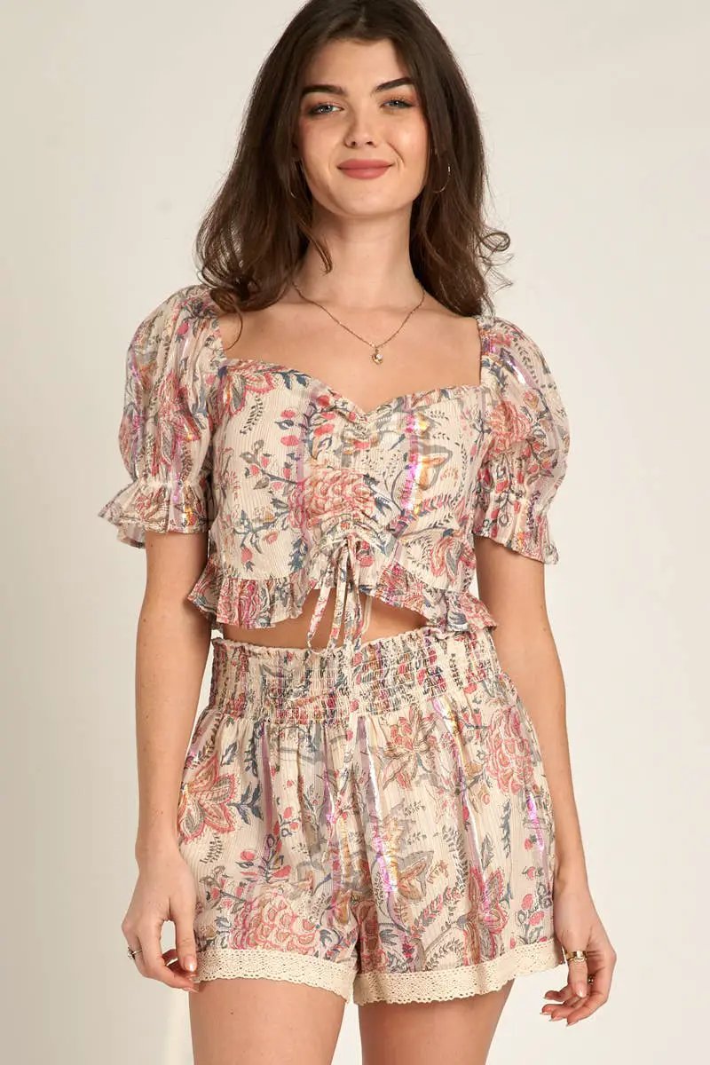 En Crème En Crème Ivory Pink & Blue Puff Sleeve Front Tie Ruffle Top - Clothing Tops