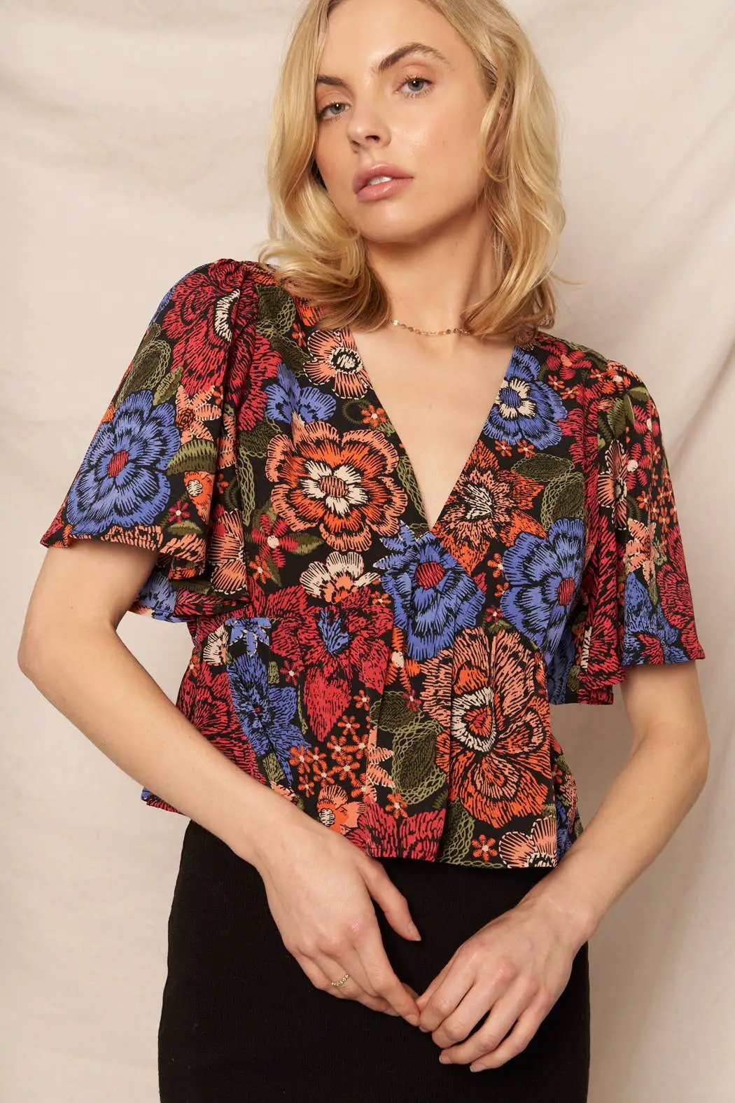 En Crème En Crème Black Multi Floral Print Flutter Sleeve V-Neck Top - Blouses