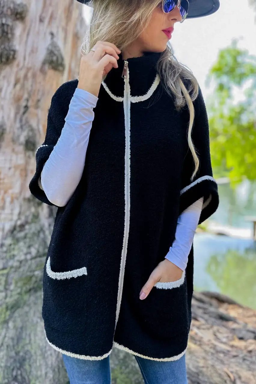 AMOLI AMOLI - Black Contemporary Soft Knitted Zip-Up Cozy Pocket Zip-Up Cardigan - Cardigans