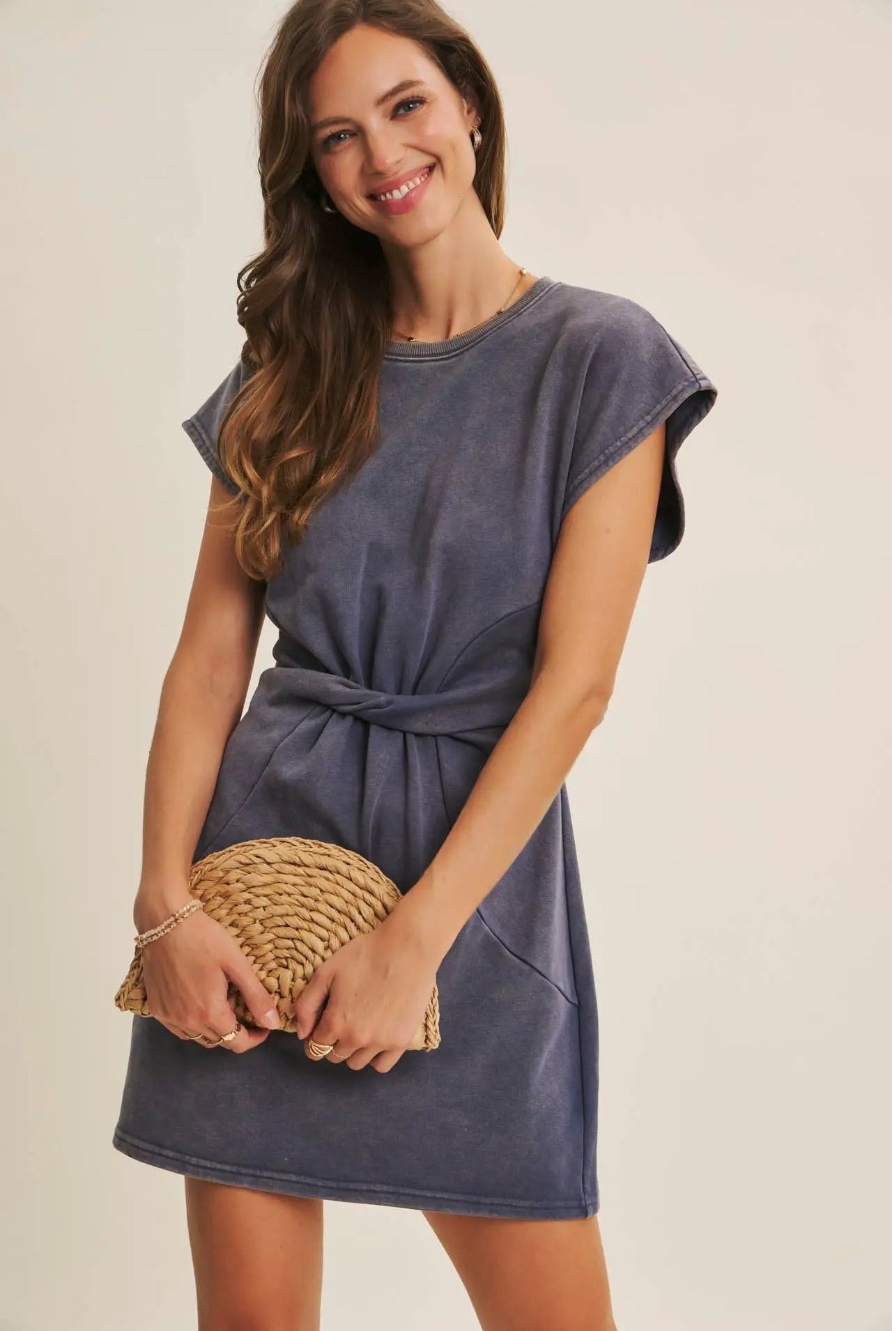 in february Easygoing Mineral-Washed Waist Twist Terry Mini Dress: Washed Denim - Dresses