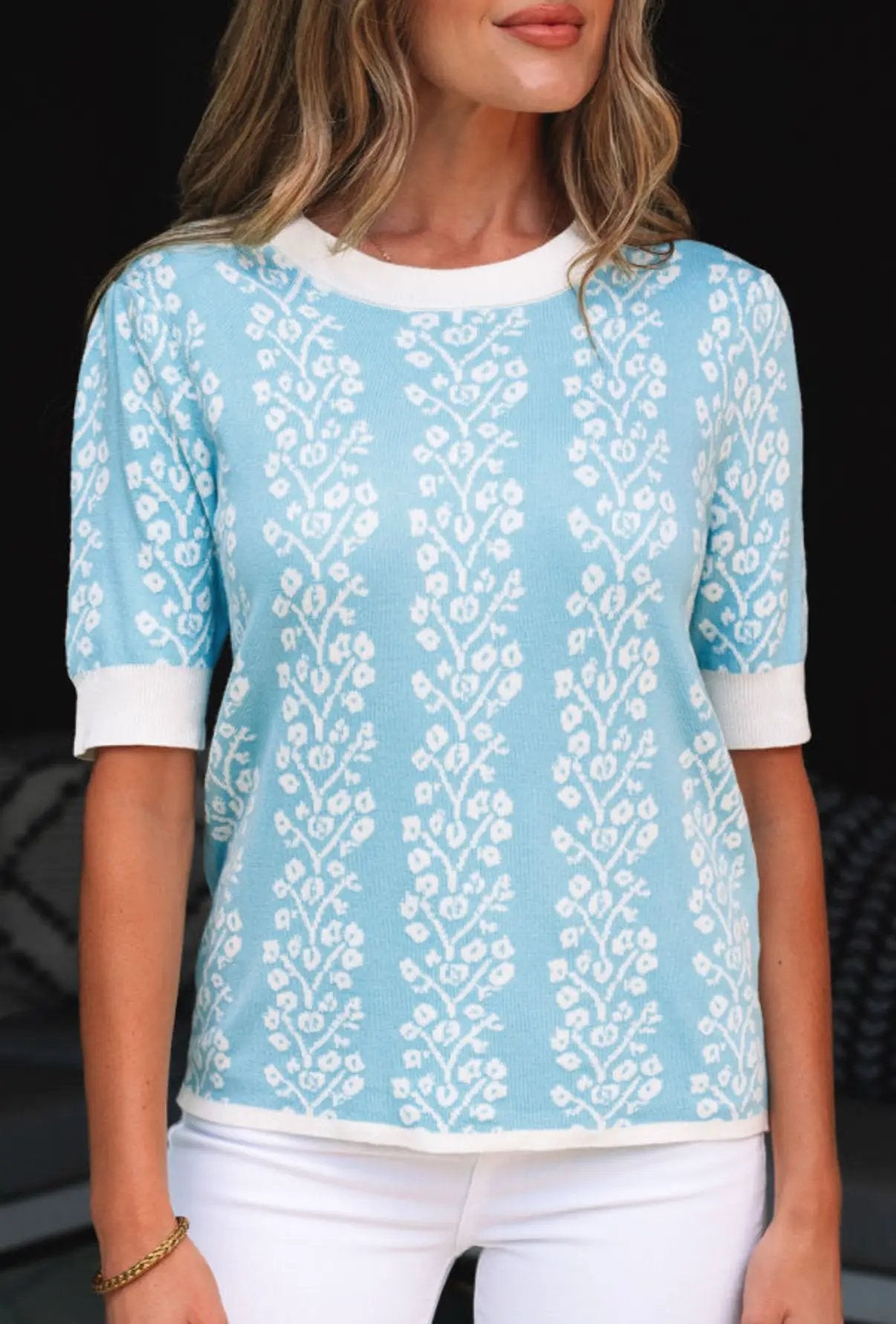 Grateful Threads Boutique Blue Skies & Blooms Crewneck Short Sleeve Knit Sweater - Sweaters Sky Blue Contrast Floral Crewneck Short Sleeve Sweater