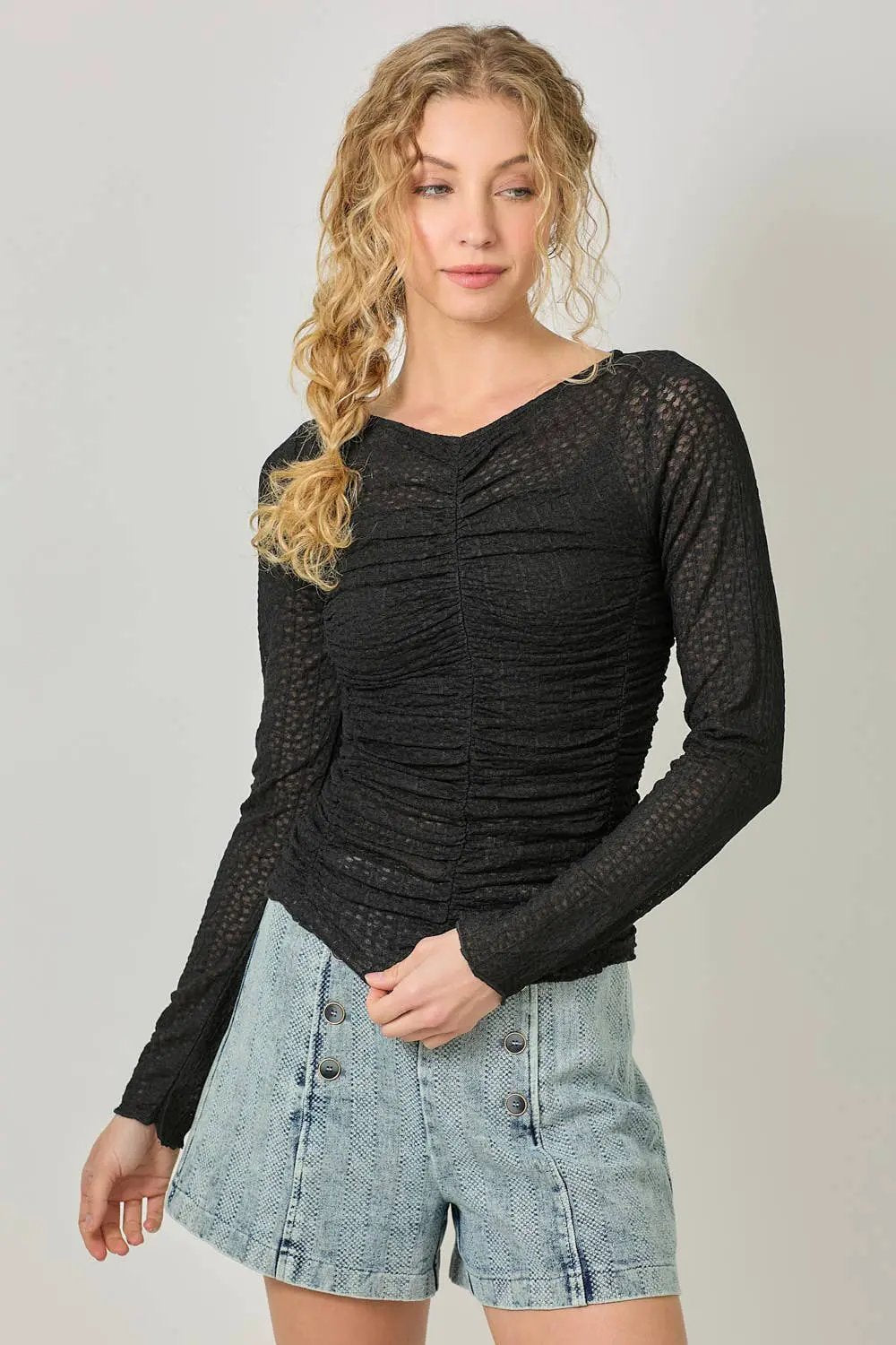 Mystree Mystree - After Dark Lettuce Hem Mesh Layering Top - Blouses